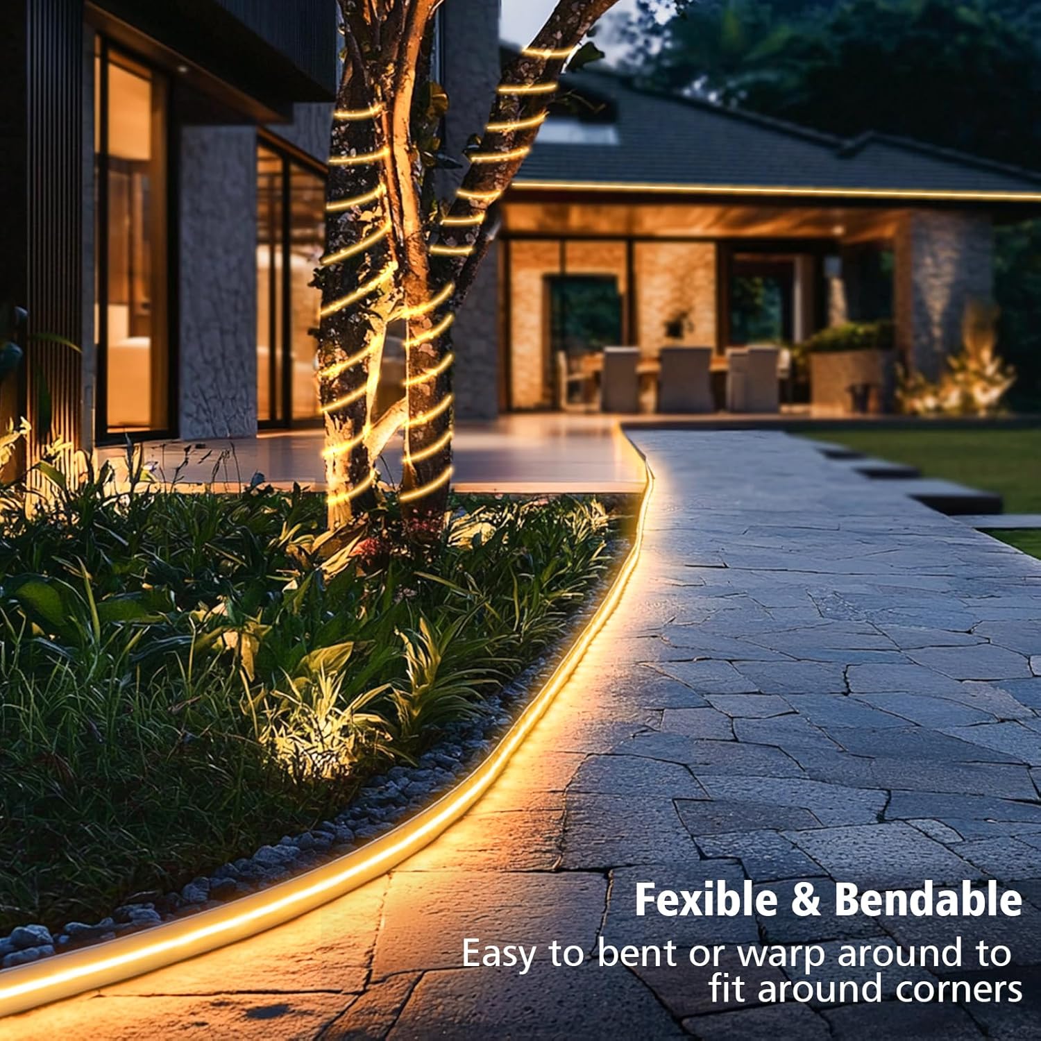 (Warm White)  Solar LED Strip Lights Outdoor 5M 320 LED Lights Strip with Remote 8 Modes Solar Garden Lights Outdoor Waterproof Rope Light for Fence Porch Gazebo Trees 