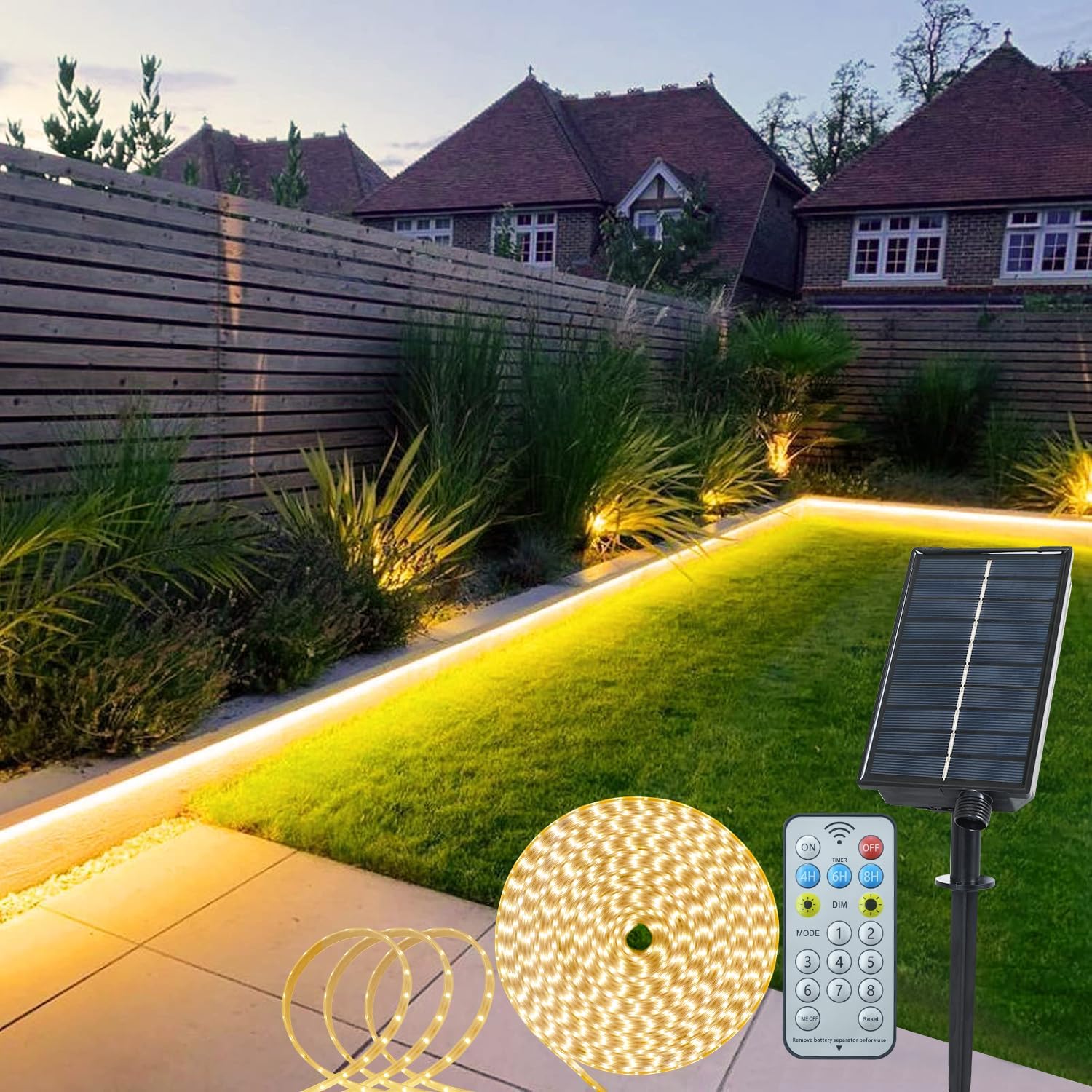 (Warm White)  Solar LED Strip Lights Outdoor 5M 320 LED Lights Strip with Remote 8 Modes Solar Garden Lights Outdoor Waterproof Rope Light for Fence Porch Gazebo Trees 
