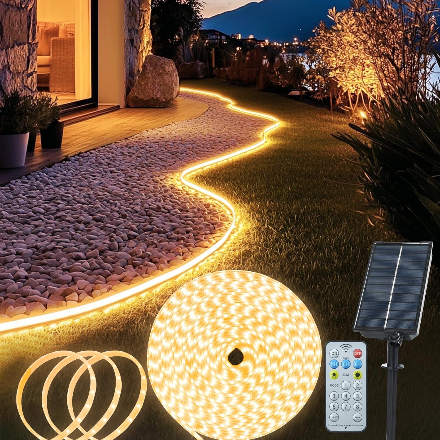 (Warm White)  Solar LED Strip Lights Outdoor 5M 320 LED Lights Strip with Remote 8 Modes Solar Garden Lights Outdoor Waterproof Rope Light for Fence Porch Gazebo Trees 