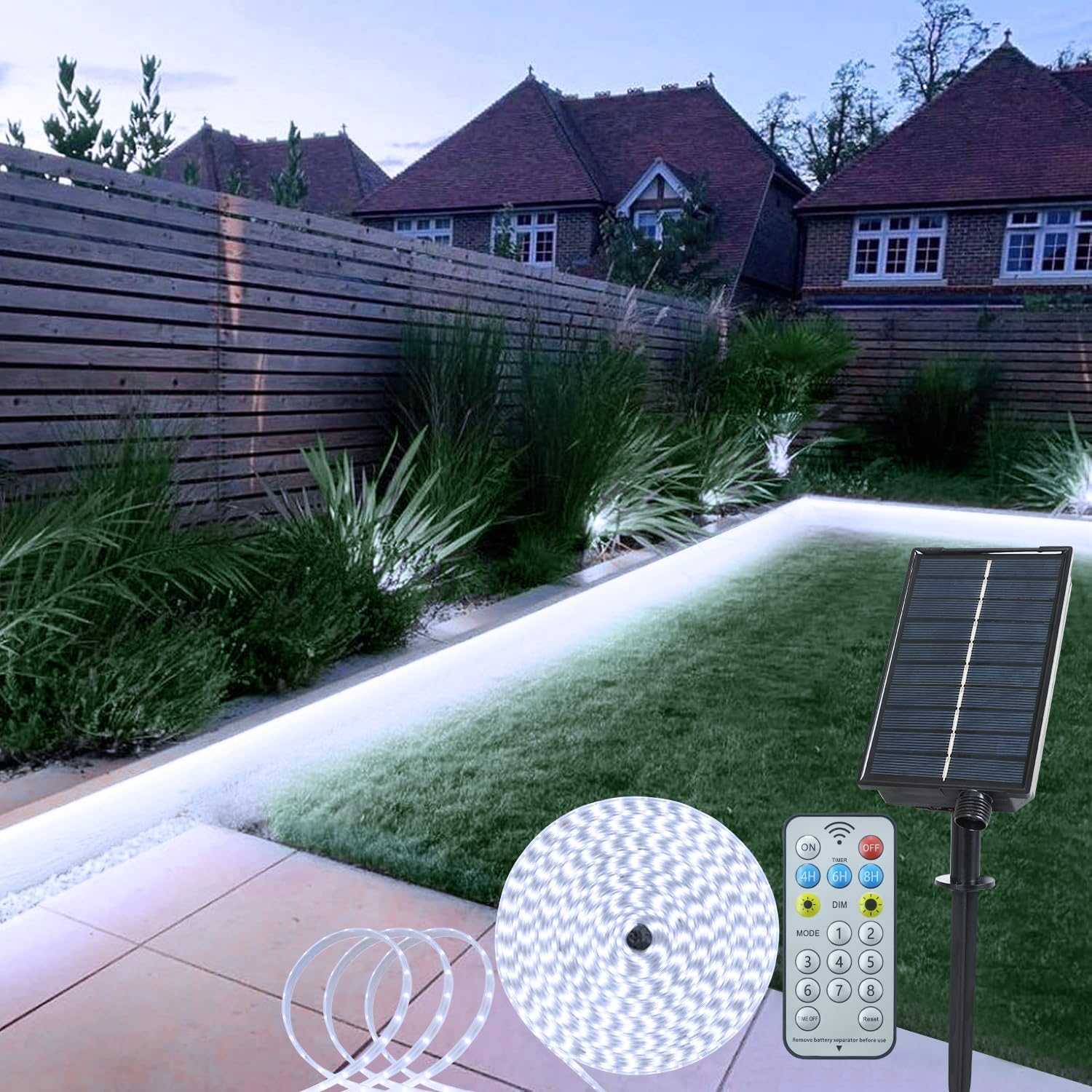 (Warm White)  Solar LED Strip Lights Outdoor 5M 320 LED Lights Strip with Remote 8 Modes Solar Garden Lights Outdoor Waterproof Rope Light for Fence Porch Gazebo Trees 