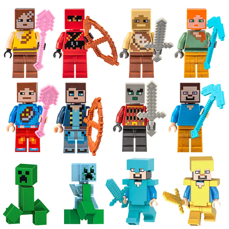 (12 PCS) New My World Building Blocks Small Ender Dragon Steve Cube Skeleton Horse Figures Mini Blocks Ornament Toy Gift