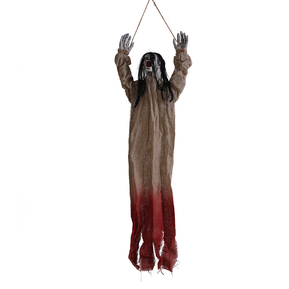 (White Hair Green Blood Garment) Scary Hairy Creeping Halloween Haunted House Escape Room Decor Props Outdoor Sound Activated Ghost