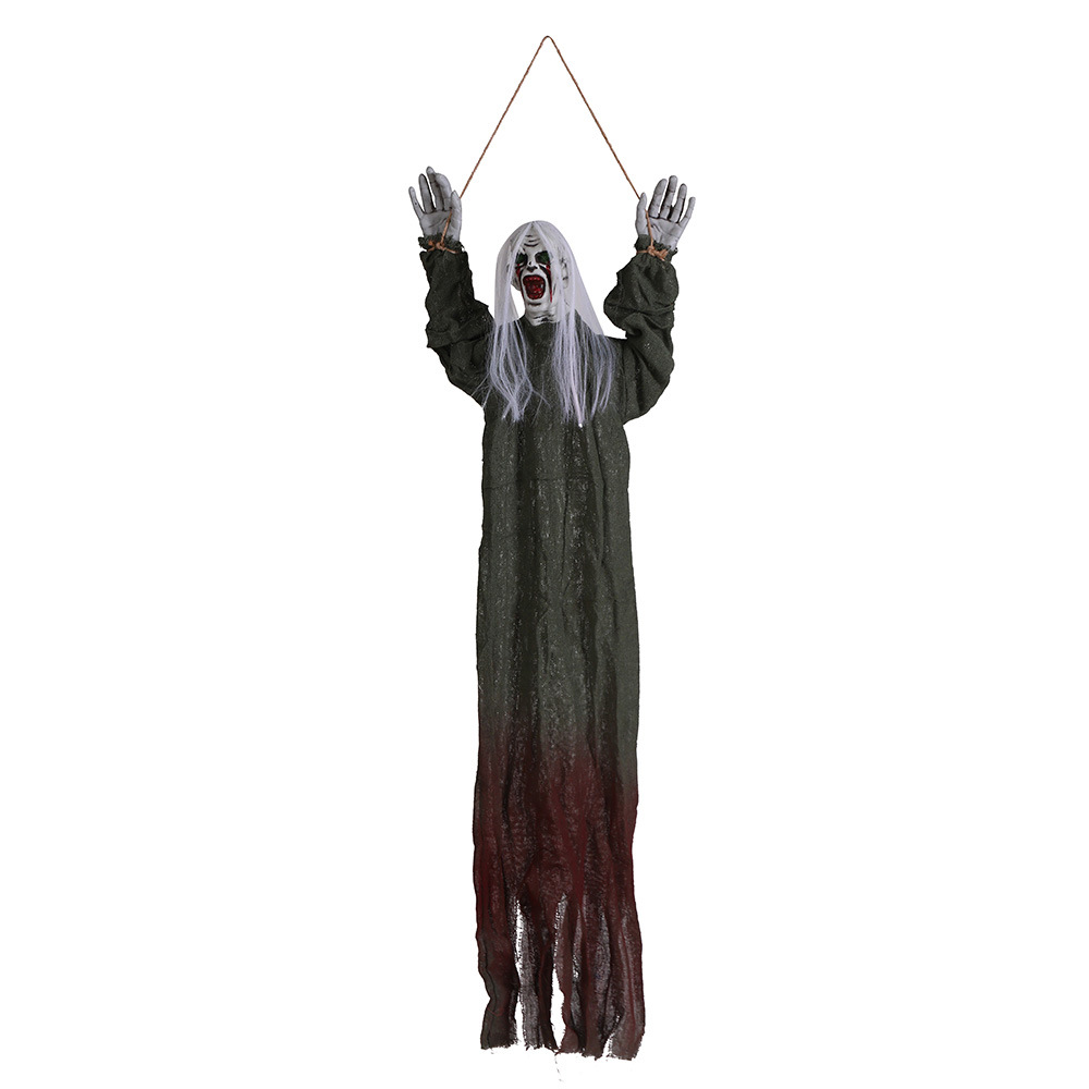 (White Hair Green Blood Garment) Scary Hairy Creeping Halloween Haunted House Escape Room Decor Props Outdoor Sound Activated Ghost