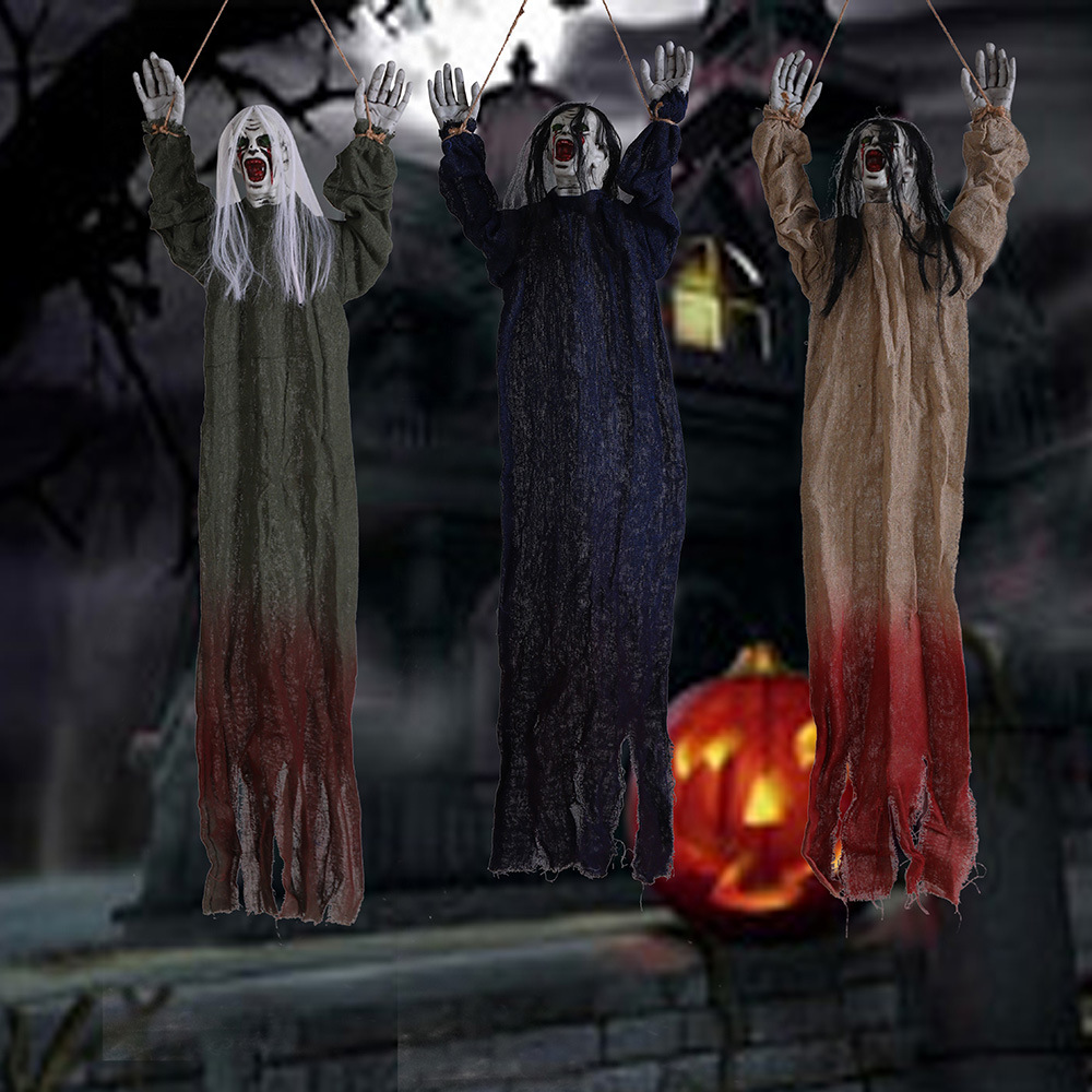 (White Hair Green Blood Garment) Scary Hairy Creeping Halloween Haunted House Escape Room Decor Props Outdoor Sound Activated Ghost