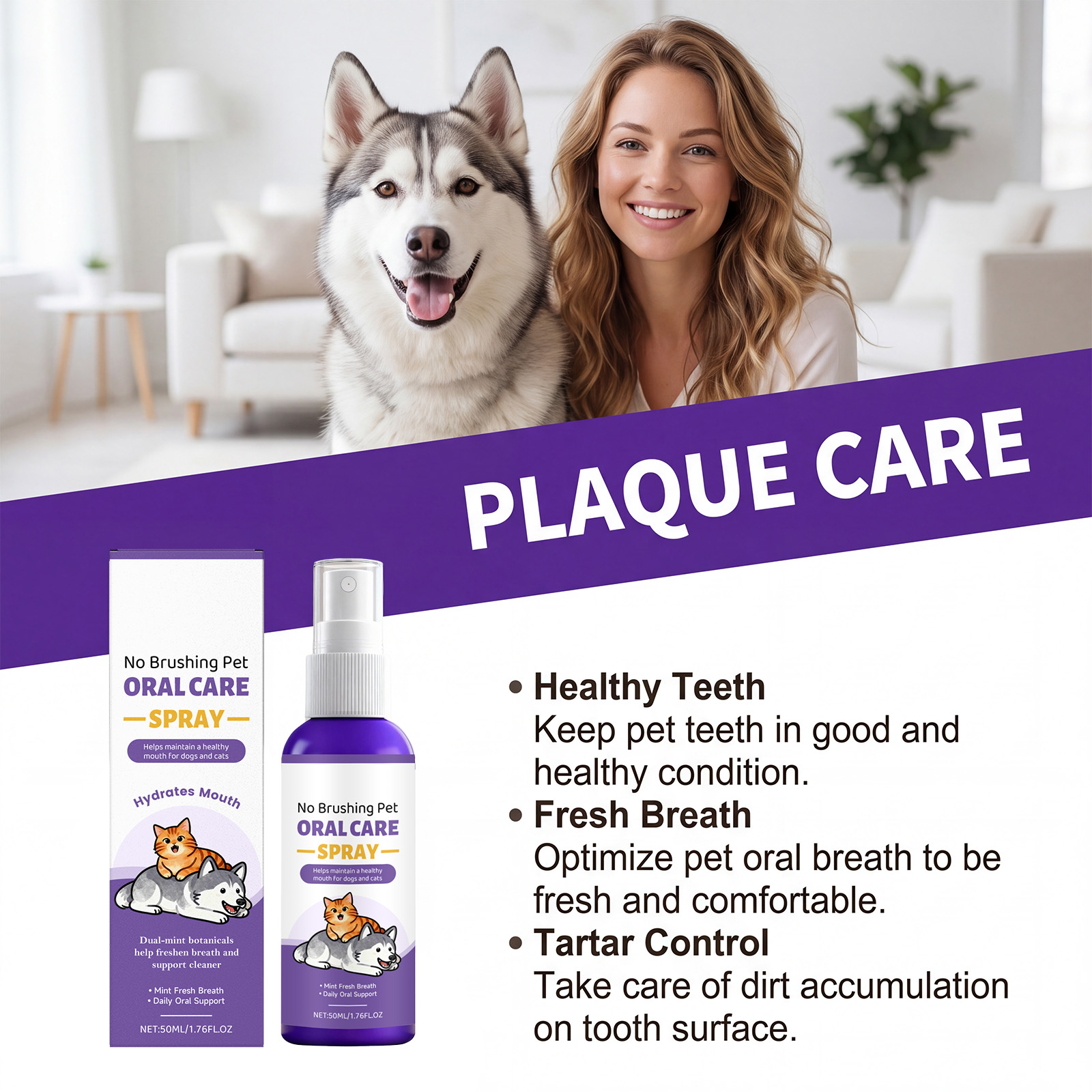 Pet Oral Care Spray Teeth Protect Fresh Remove Plaque Mild No Brush Daily General Use