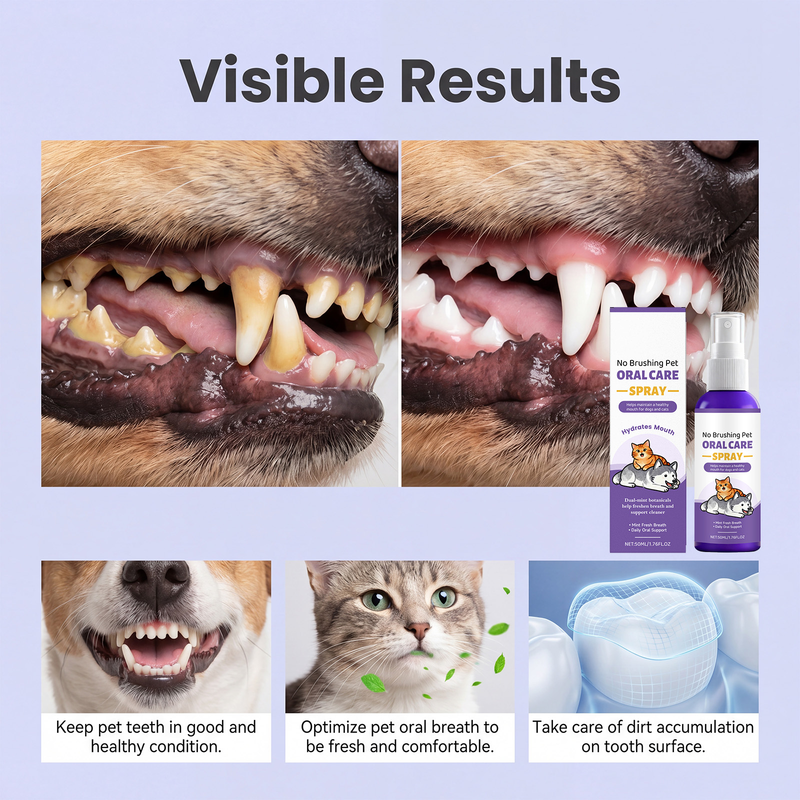 Pet Oral Care Spray Teeth Protect Fresh Remove Plaque Mild No Brush Daily General Use