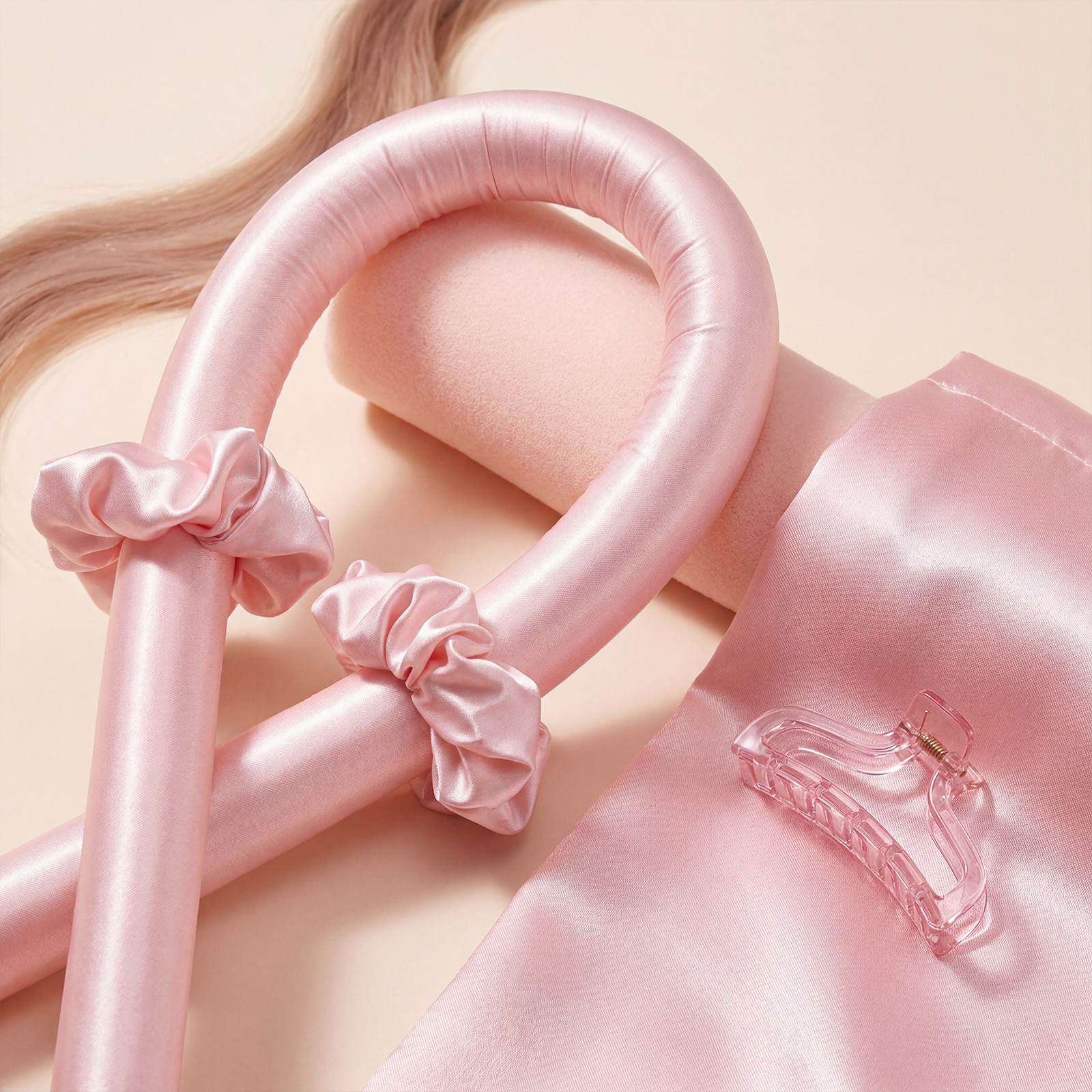 Heatless Curling Wand Champagne Pink Four Piece Set Soft Comfortable Smooth Skin Friendly Safe Material Daily Hair Styling