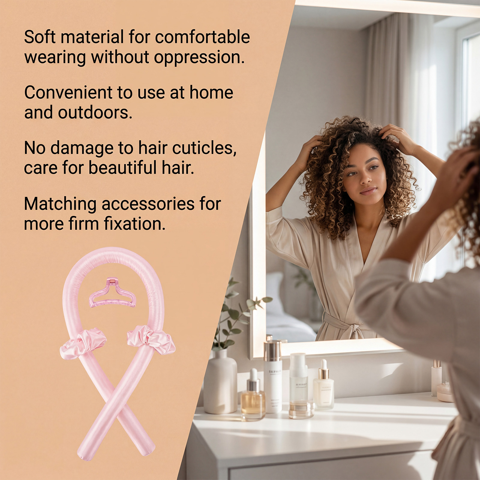 Heatless Curling Wand Champagne Pink Four Piece Set Soft Comfortable Smooth Skin Friendly Safe Material Daily Hair Styling