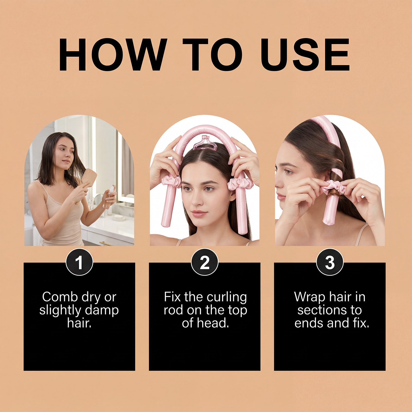 Heatless Curling Wand Champagne Pink Four Piece Set Soft Comfortable Smooth Skin Friendly Safe Material Daily Hair Styling