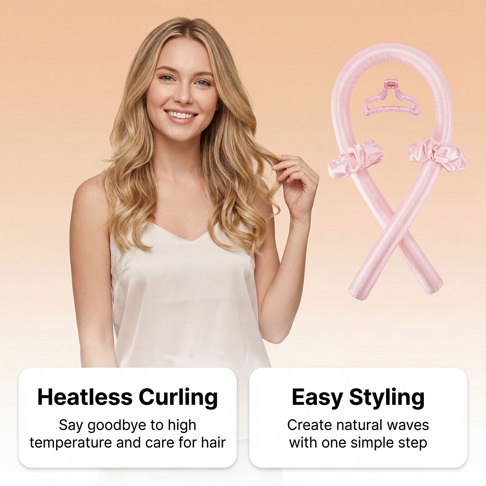 Heatless Curling Wand Champagne Pink Four Piece Set Soft Comfortable Smooth Skin Friendly Safe Material Daily Hair Styling