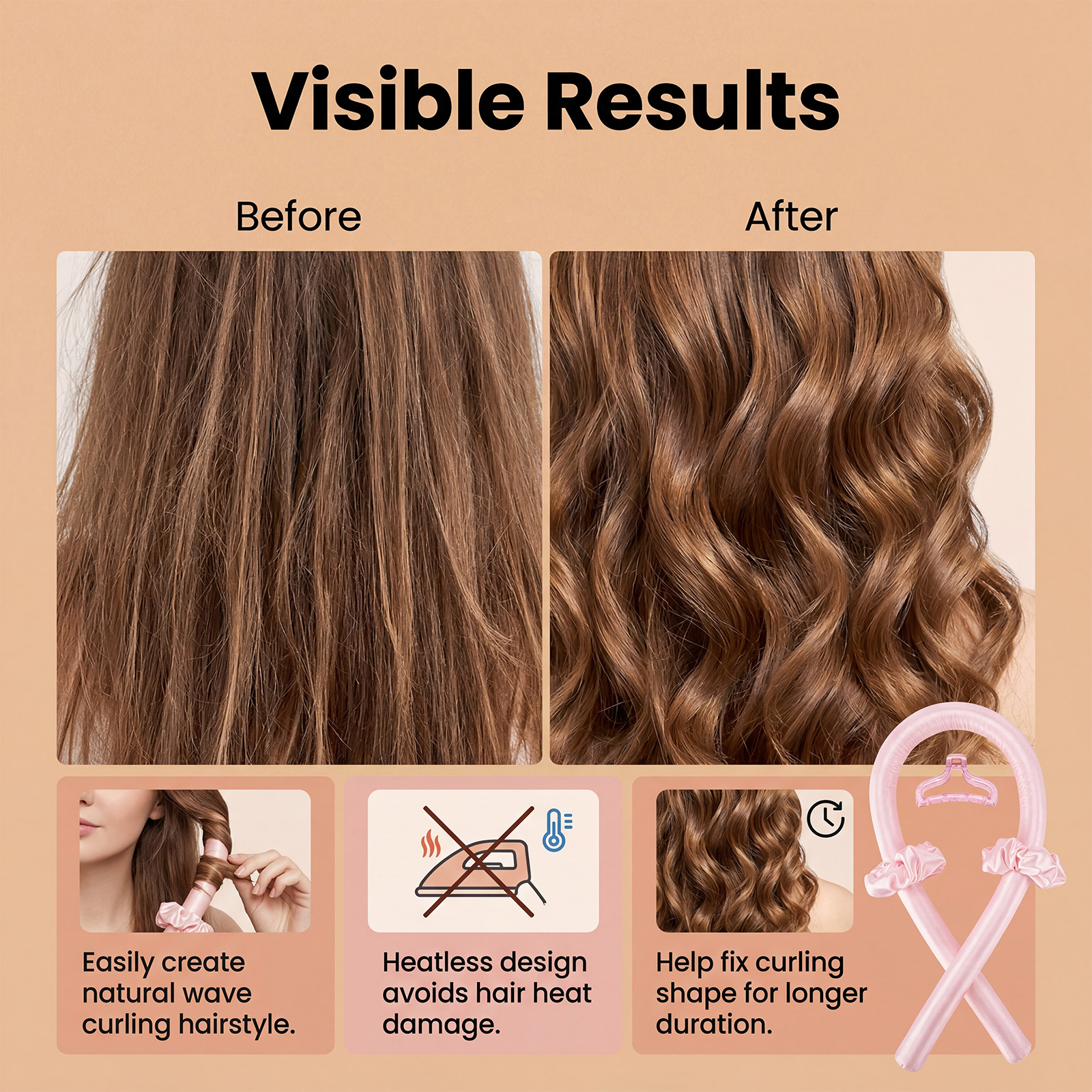 Heatless Curling Wand Champagne Pink Four Piece Set Soft Comfortable Smooth Skin Friendly Safe Material Daily Hair Styling
