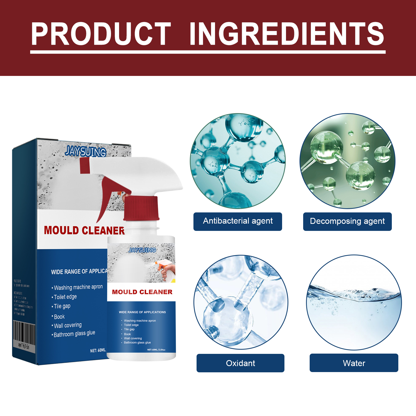 Mold Remover Spray Bathroom Ceiling Tile Wall Cleaner Fast Acting Stain Remover Anti Mildew Treatment 60ml