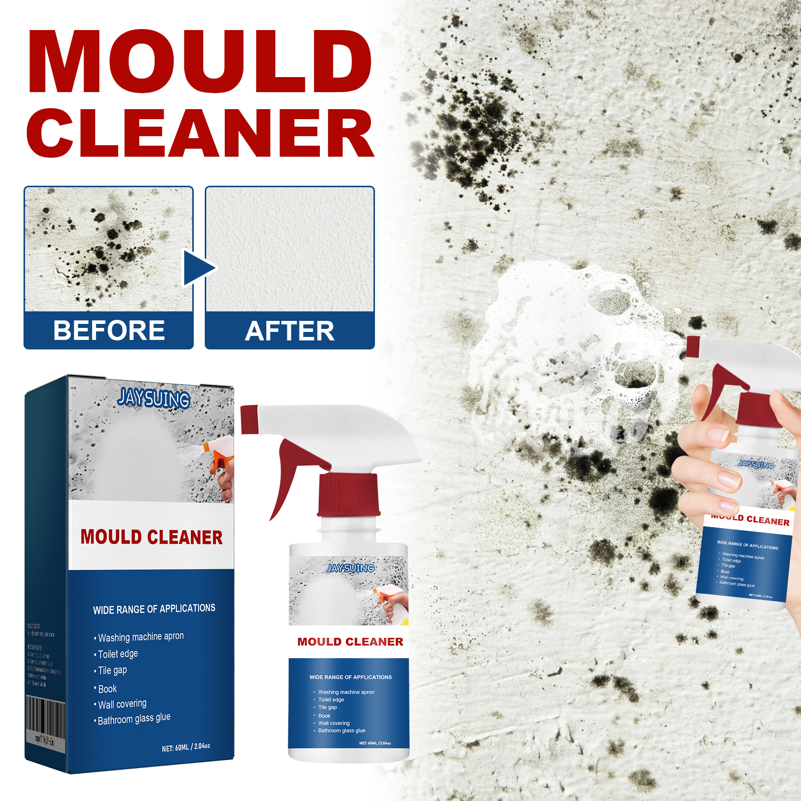 Mold Remover Spray Bathroom Ceiling Tile Wall Cleaner Fast Acting Stain Remover Anti Mildew Treatment 60ml