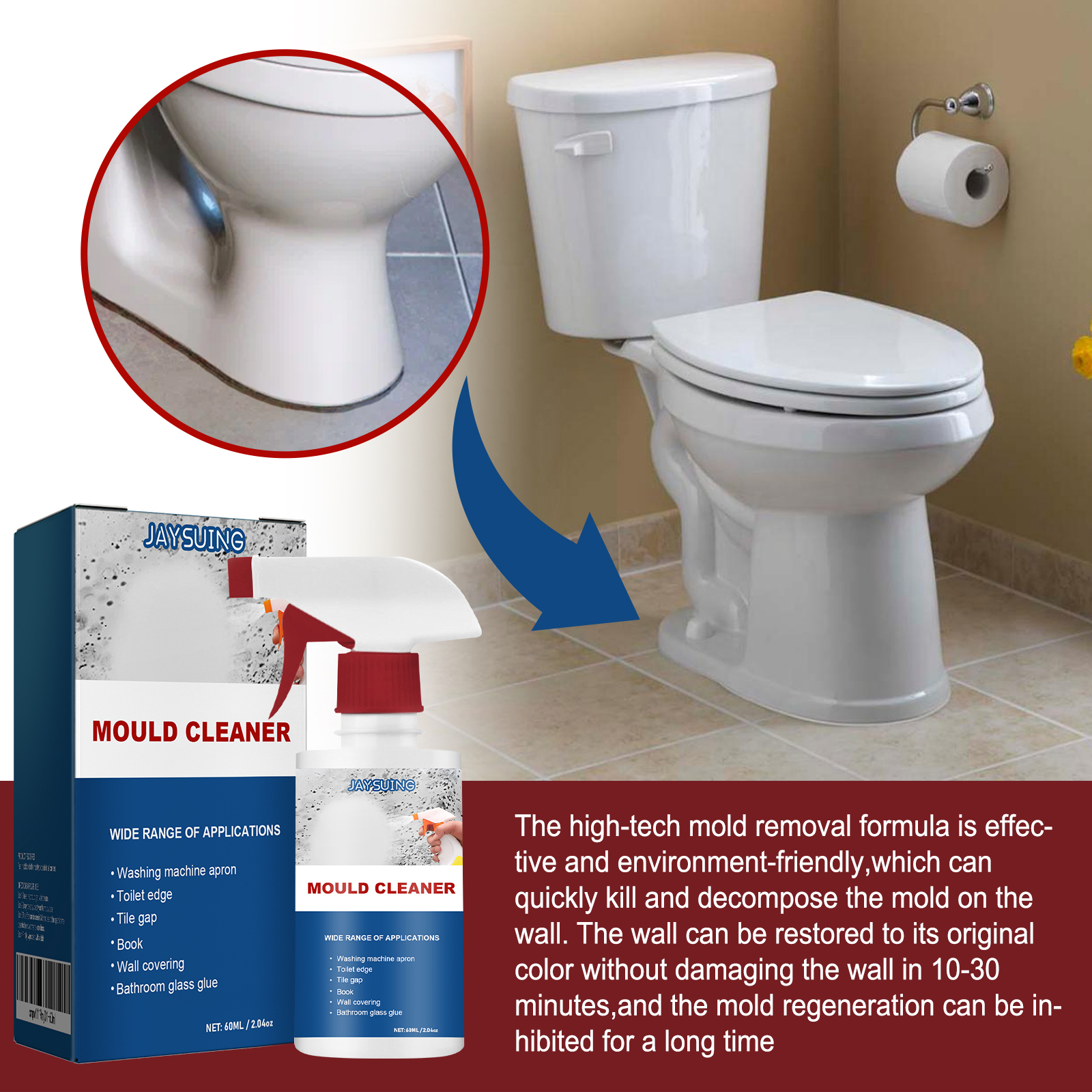Mold Remover Spray Bathroom Ceiling Tile Wall Cleaner Fast Acting Stain Remover Anti Mildew Treatment 60ml