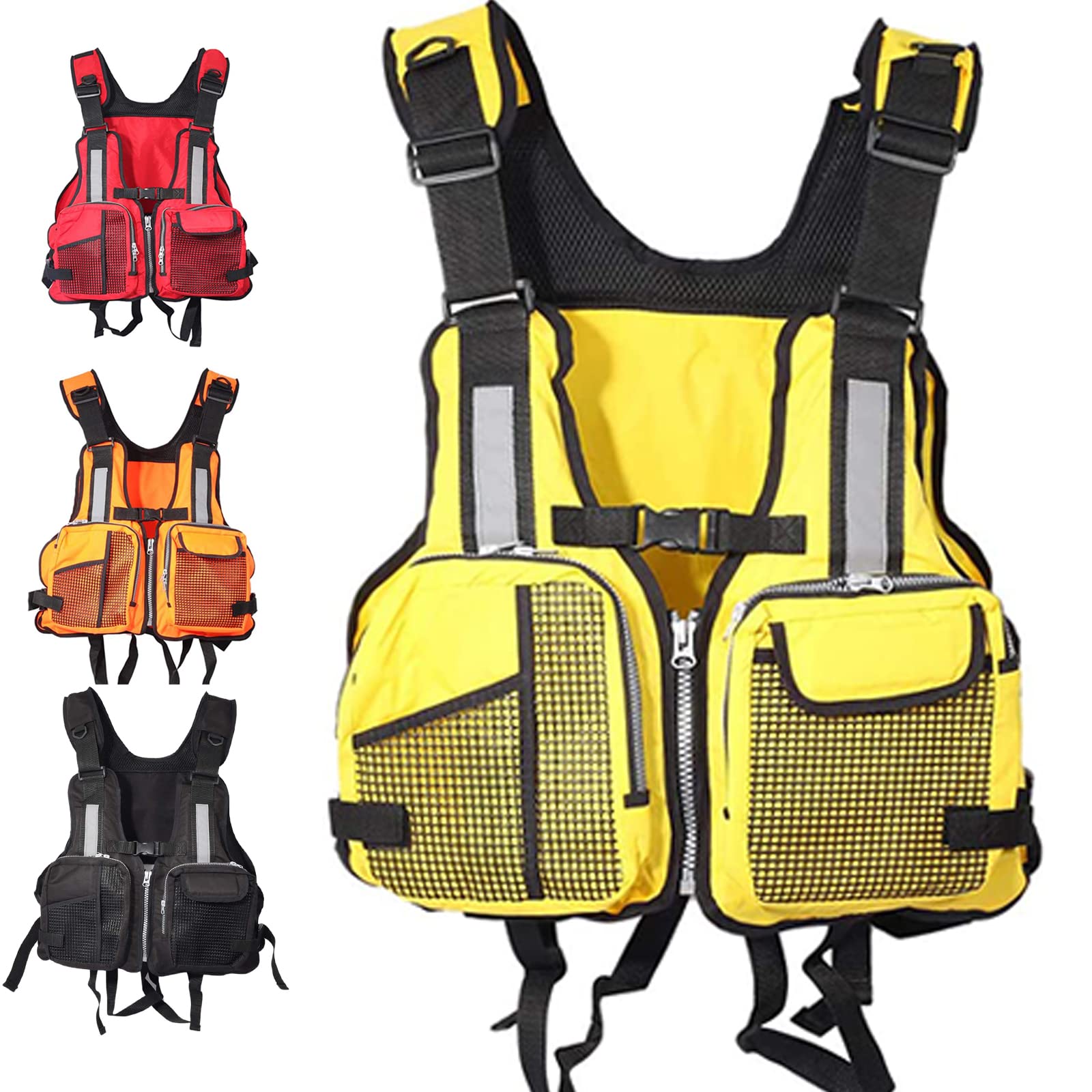(Yellow) Life Jacket Adults Boat Aid Sailing Kayak Fishing Life Jacket Vest with Multi-Pockets And Reflective Stripe Men Women Outdoor Floating Water Sports Fishing Sailing Surfing Kayaking One Size