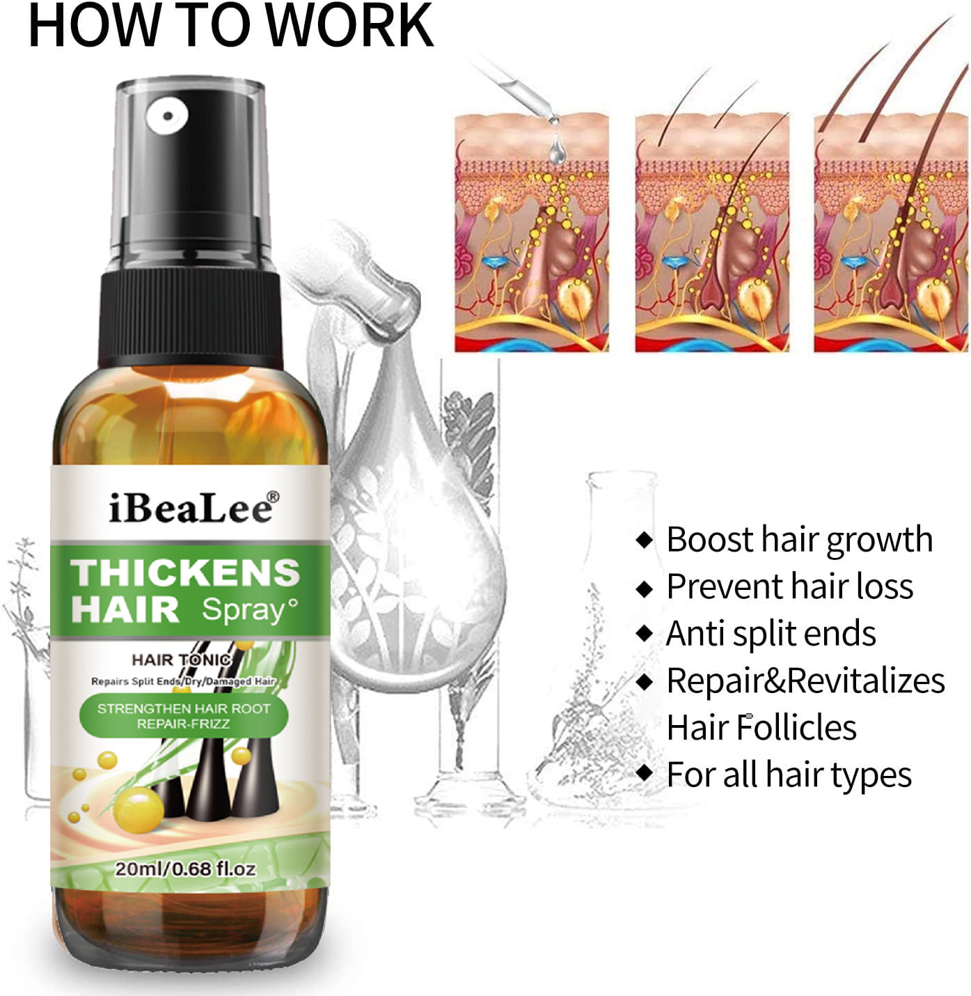 iBeaLee Anti-Hair Loss Spray Hair Growth Serum Tonic Deep Moisturize Repair Strengthen Hair Root Serum Anti-Frizz Care Scalp Nourish 20ml