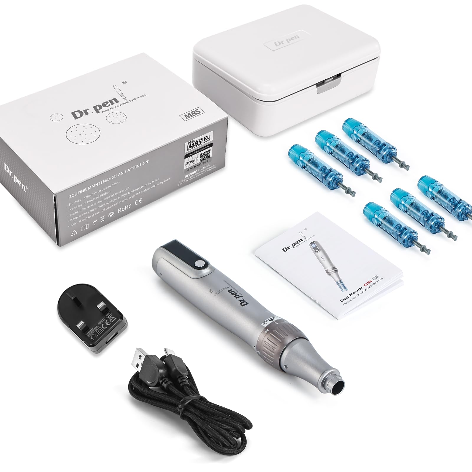 Dr.pen Microneedling Professional Dermapen M8S Wireless Derma Roller Pen with 6pcs 12PIN 36PIN Replacement Cartridges Needle 6 Speed Levels Adjustable