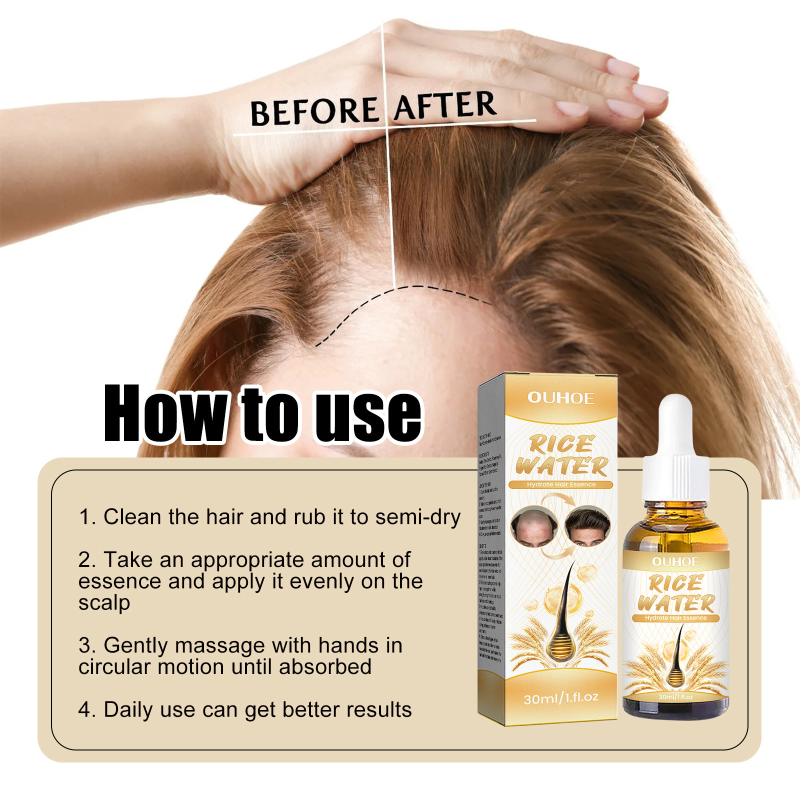 Rice Water HGrow Hair Essence Hair Serums Hair Care Longer Stronger Healthier Fuller Thicker Hair For Women 30ml
