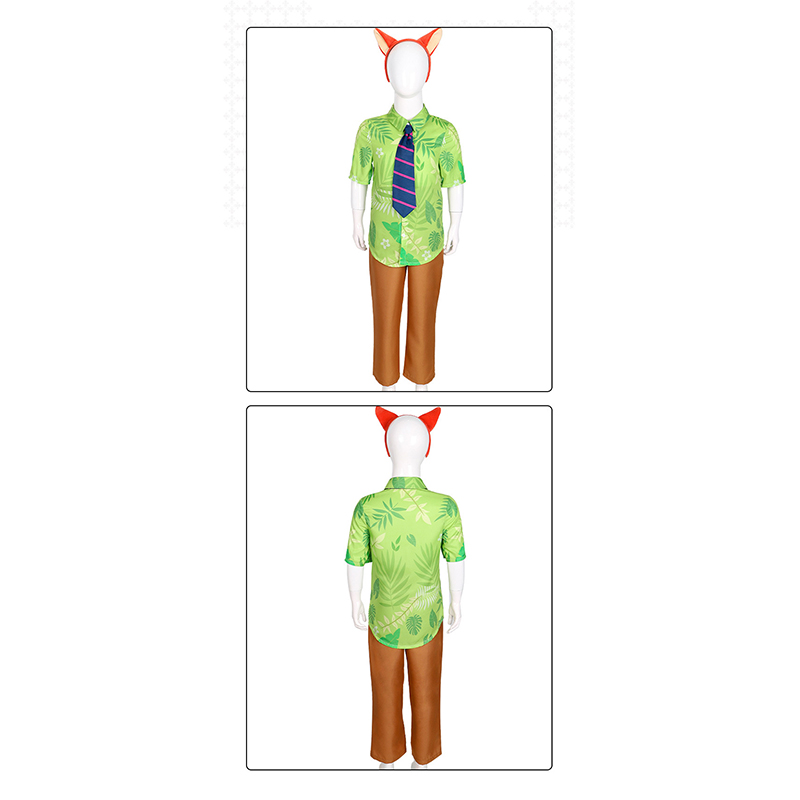 (Size 110) Disney Zootopia 2 Fox Nick Wilde Classic Child Cosplay Costume Halloween Suits Kids Fancy Costume Green Printed T Shirt Hawaiian Floral Shirts Cosplay