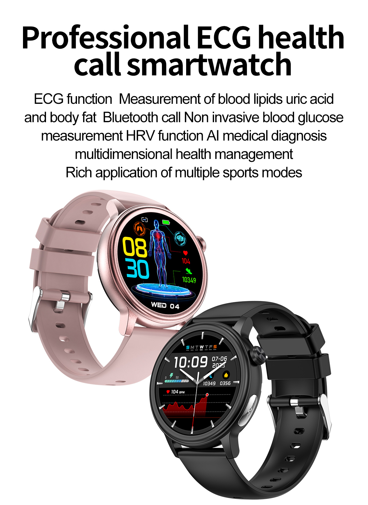 (Black) Women Smart Watch Blood Sugar Health ECG Blood Pressure Blood Lipid Blood Oxygen Monitoring Bluetooth Call Watch