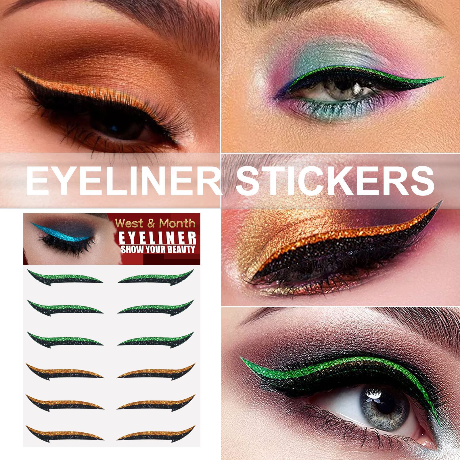 (Black A) Waterproof Double Eyelid Line Stickers Glitter Eyeliner Sticker Set Reusable Eye Makeup Fake Self Adhesive Sticker Beauty Accessories Eye Cosmetics 6 pairs