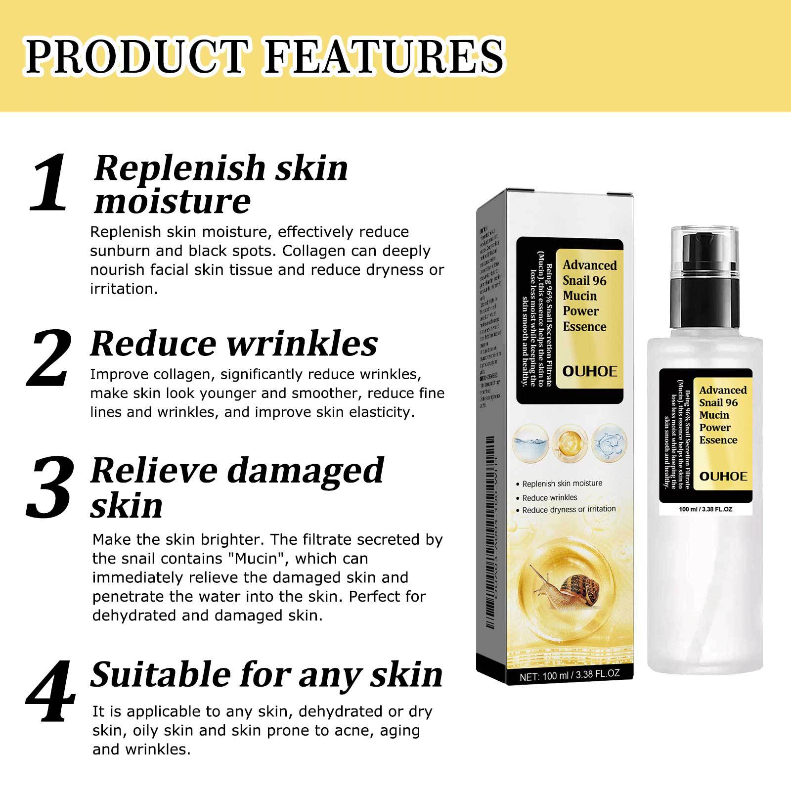 (1 PC) Snail 96 Collagen Face Essence Repair Skin Barrier Moisturizing Fade Dark Black Spots Whitening Face Serum Anti Rrinkle Snail Mucin Essence Treatment