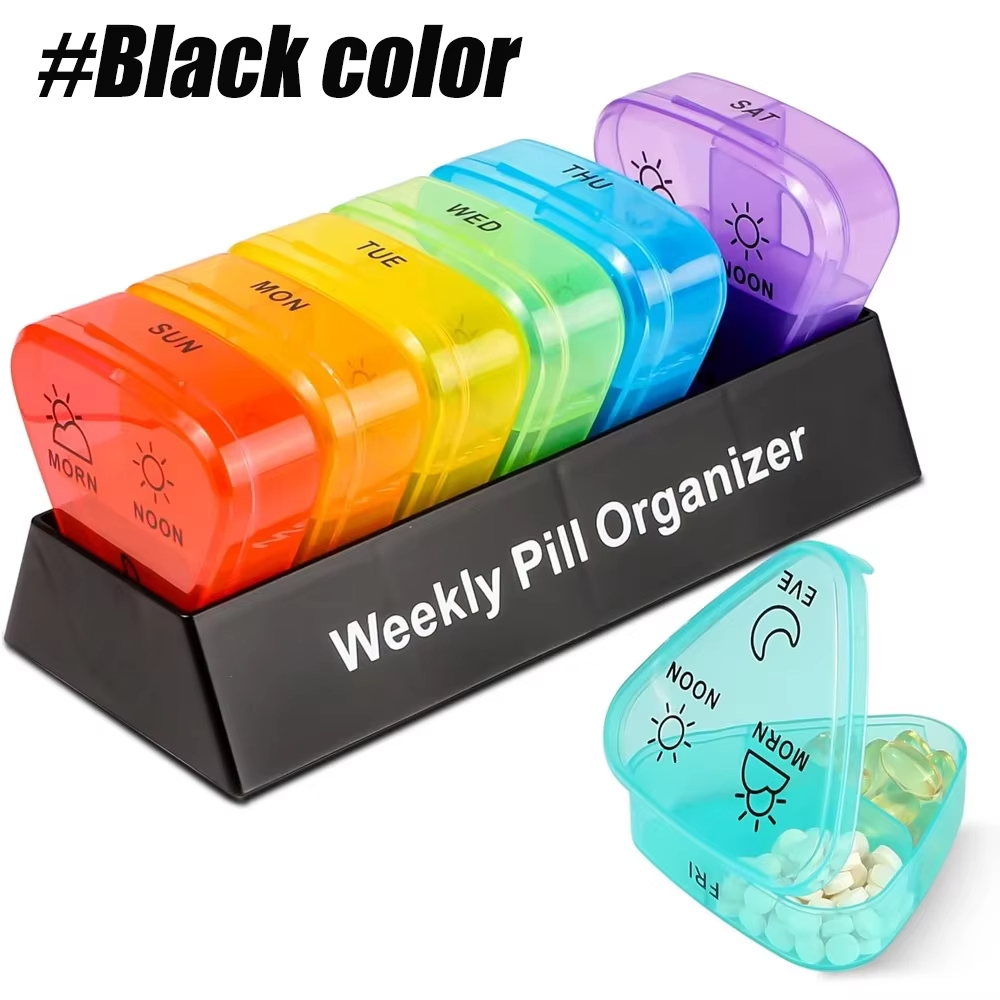 (Black Colorful) Daily Pill Box For Medicine Waterproof Secret Compartments Holder Drug Case Tablet Container Weekly Pill Organizer 7 Days Portable Travel Pills Case Pocket Case