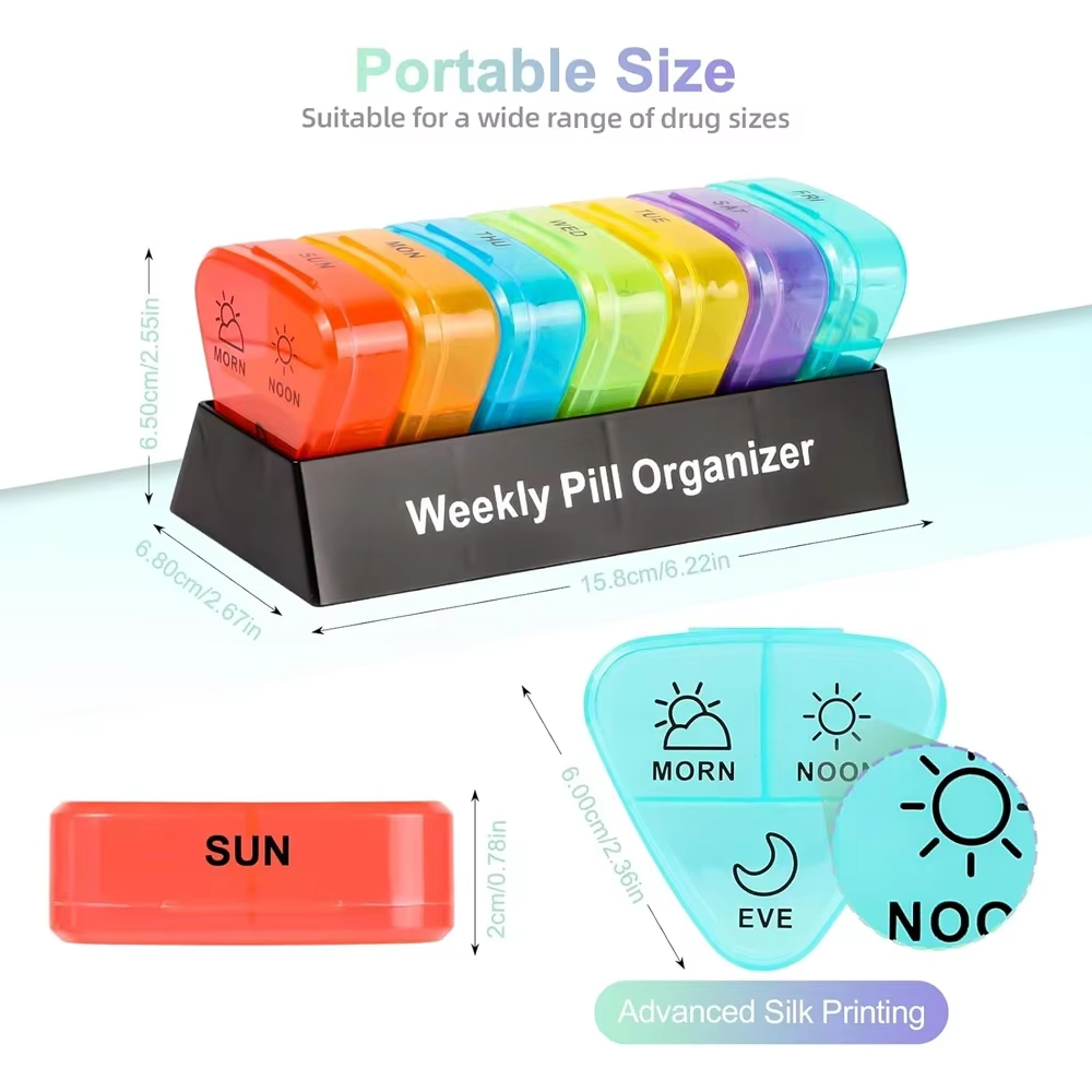(Black Colorful) Daily Pill Box For Medicine Waterproof Secret Compartments Holder Drug Case Tablet Container Weekly Pill Organizer 7 Days Portable Travel Pills Case Pocket Case
