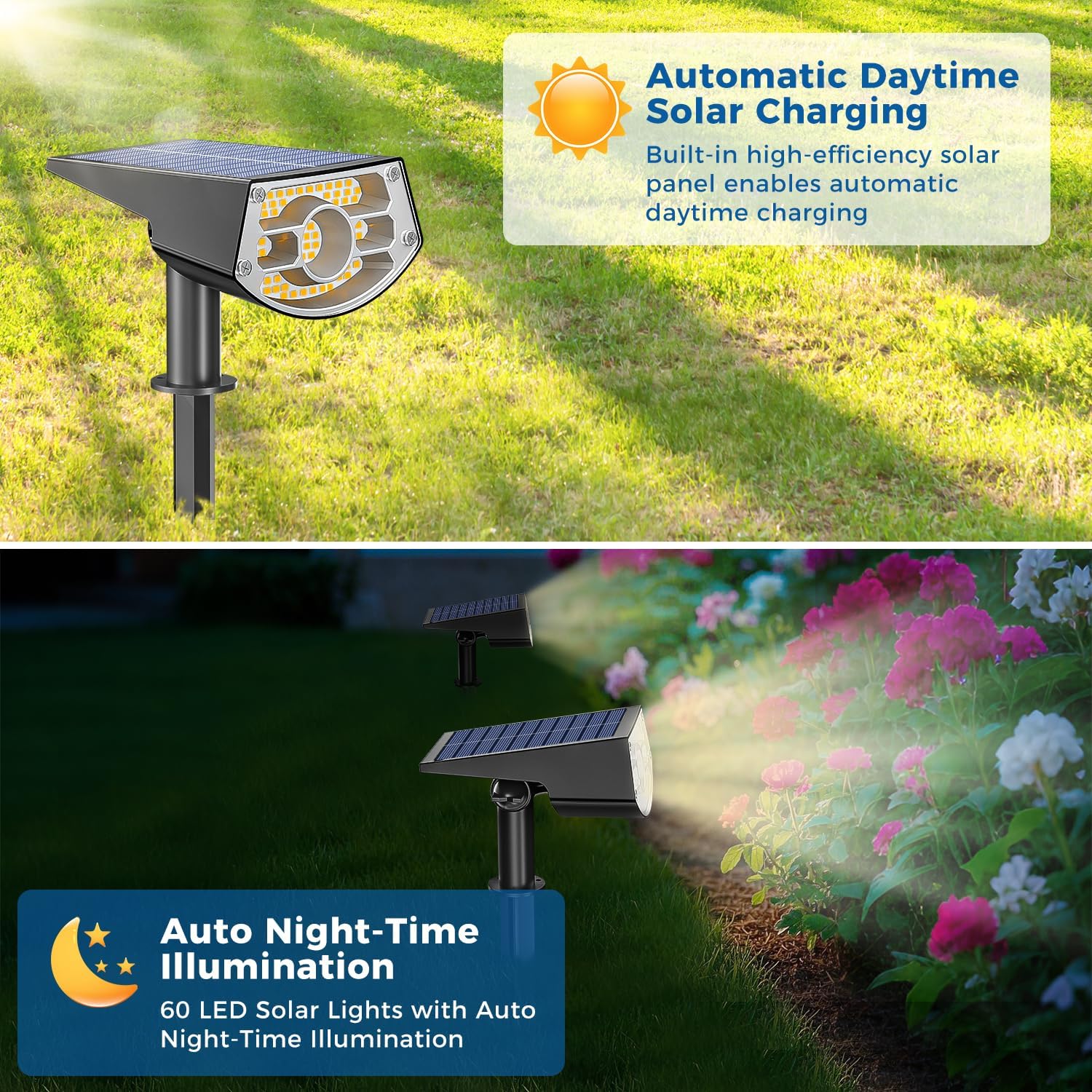 Solar Lights Outdoor Garden 2 Pack 60 LED Solar Powered Spotlights with IP65 Waterproof 2 Brightness Modes 10-20 Hours Runtime for Garden Yard Landscape