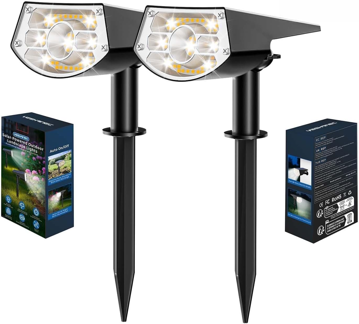 Solar Lights Outdoor Garden 2 Pack 60 LED Solar Powered Spotlights with IP65 Waterproof 2 Brightness Modes 10-20 Hours Runtime for Garden Yard Landscape