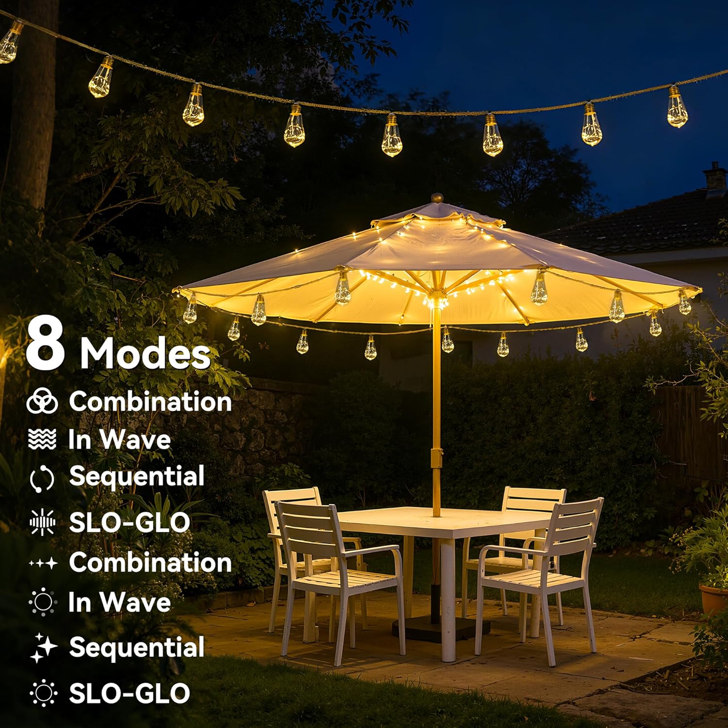 Solar Lights Outdoor Garden 20 Bulbs 10M Hemp Rope with Remote USB and Solar Powered Shatterproof Festoon Lights Waterproof 8 Modes Fairy String Light for Balco