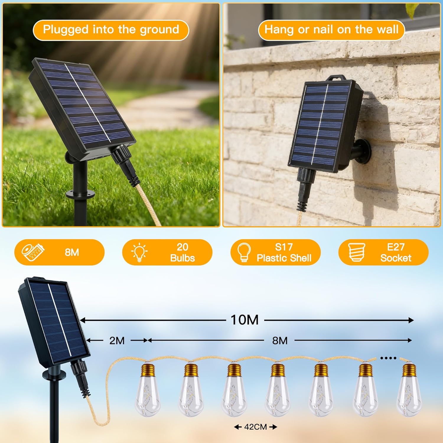 Solar Lights Outdoor Garden 20 Bulbs 10M Hemp Rope with Remote USB and Solar Powered Shatterproof Festoon Lights Waterproof 8 Modes Fairy String Light for Balco
