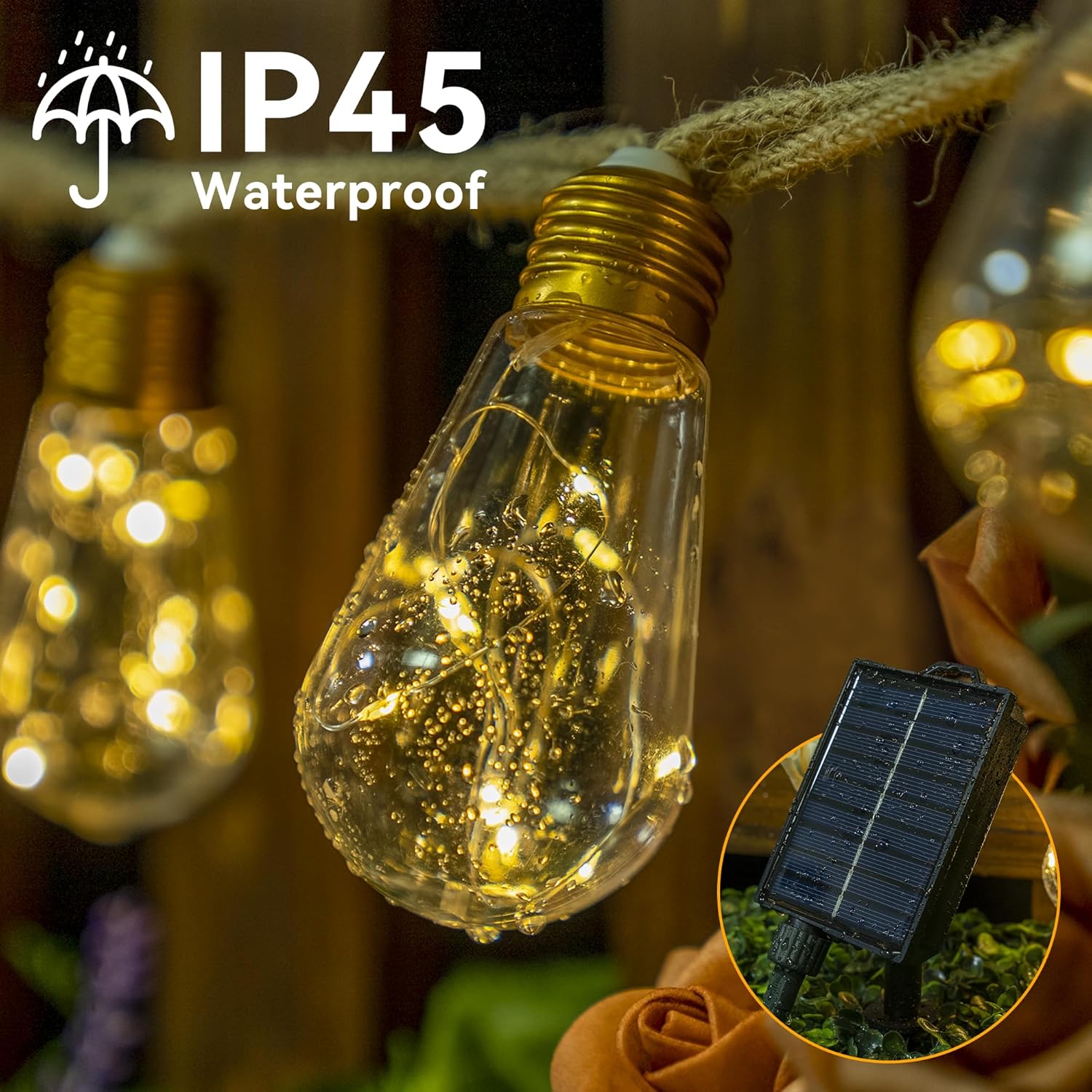 Solar Lights Outdoor Garden 20 Bulbs 10M Hemp Rope with Remote USB and Solar Powered Shatterproof Festoon Lights Waterproof 8 Modes Fairy String Light for Balco