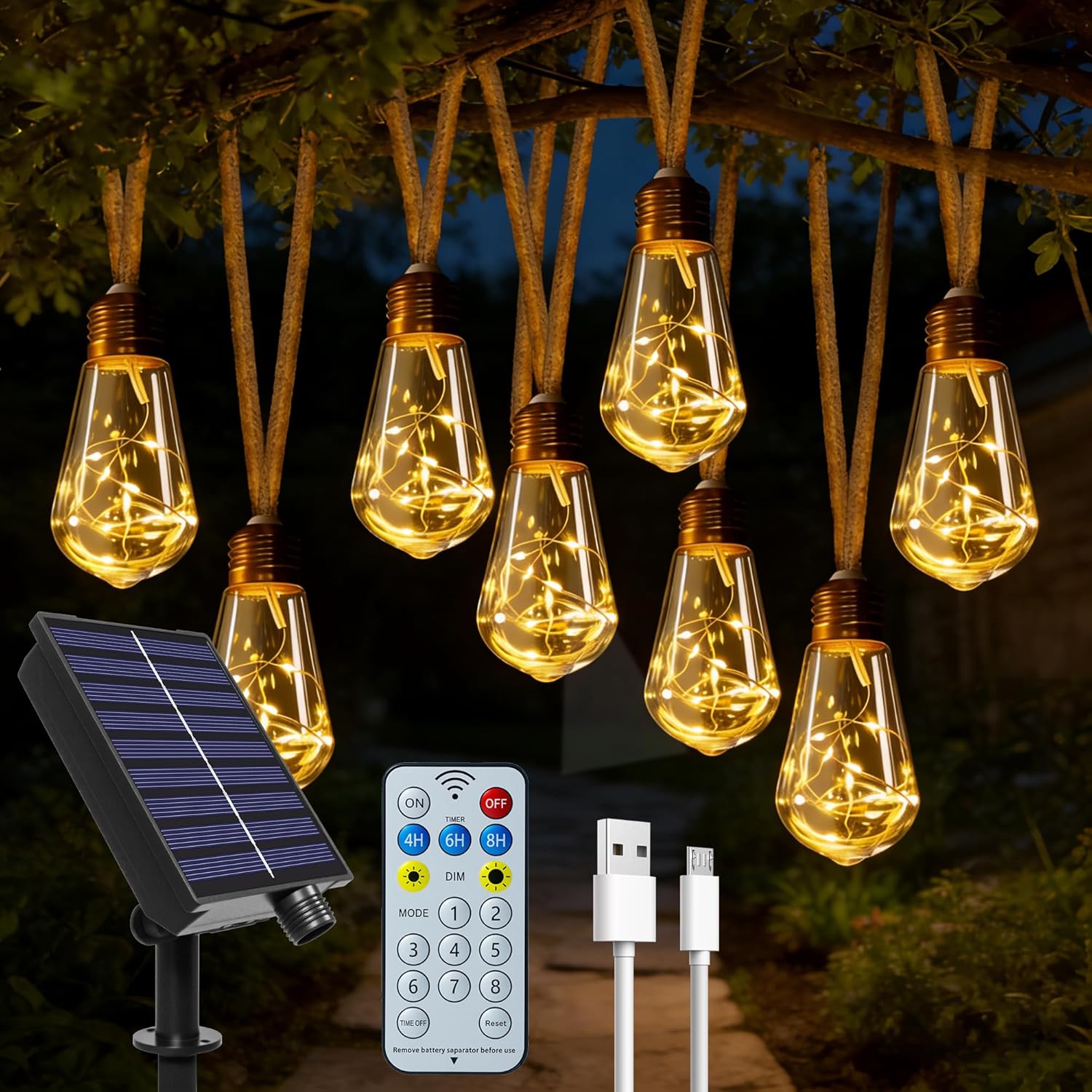 Solar Lights Outdoor Garden 20 Bulbs 10M Hemp Rope with Remote USB and Solar Powered Shatterproof Festoon Lights Waterproof 8 Modes Fairy String Light for Balco