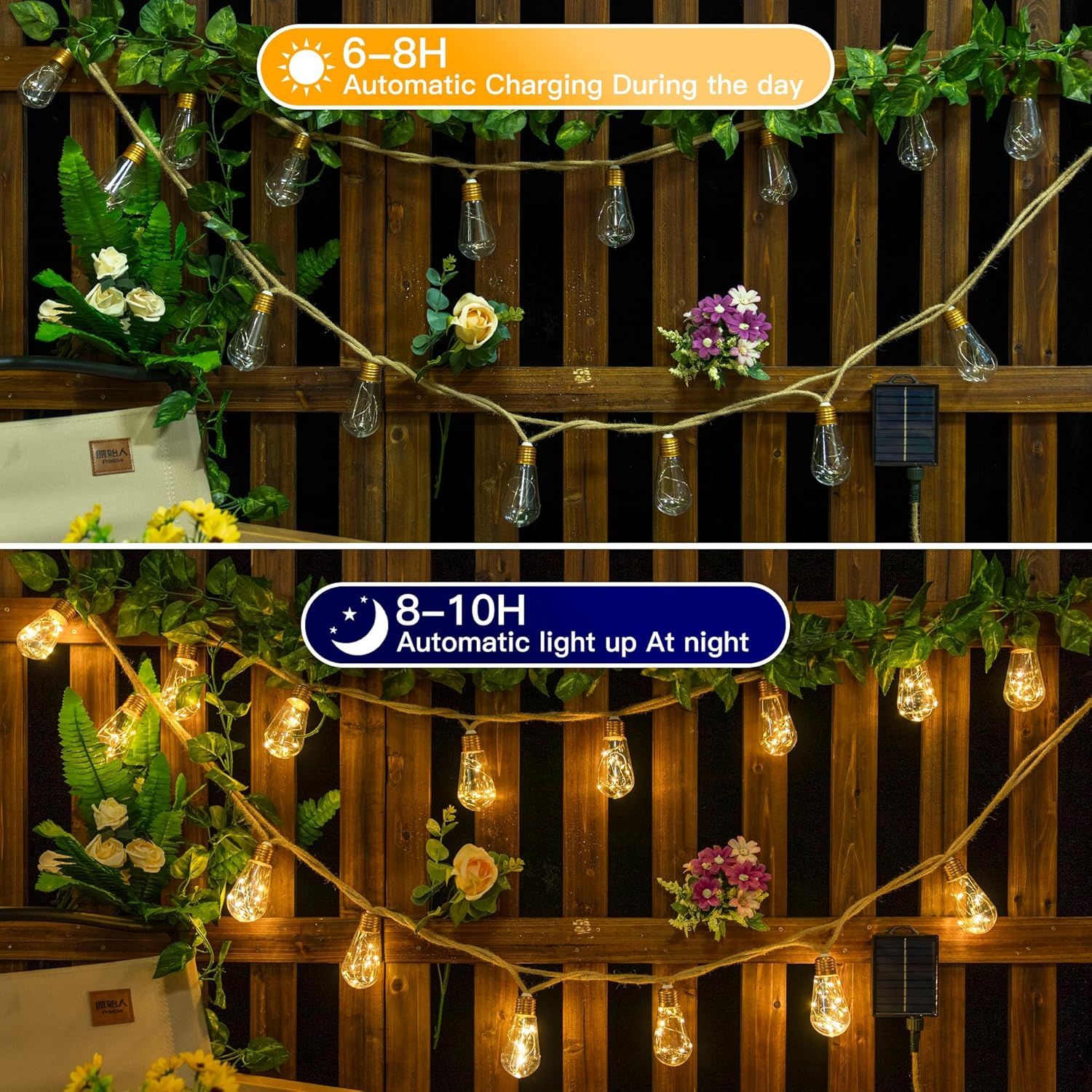 Solar Lights Outdoor Garden 20 Bulbs 10M Hemp Rope with Remote USB and Solar Powered Shatterproof Festoon Lights Waterproof 8 Modes Fairy String Light for Balco
