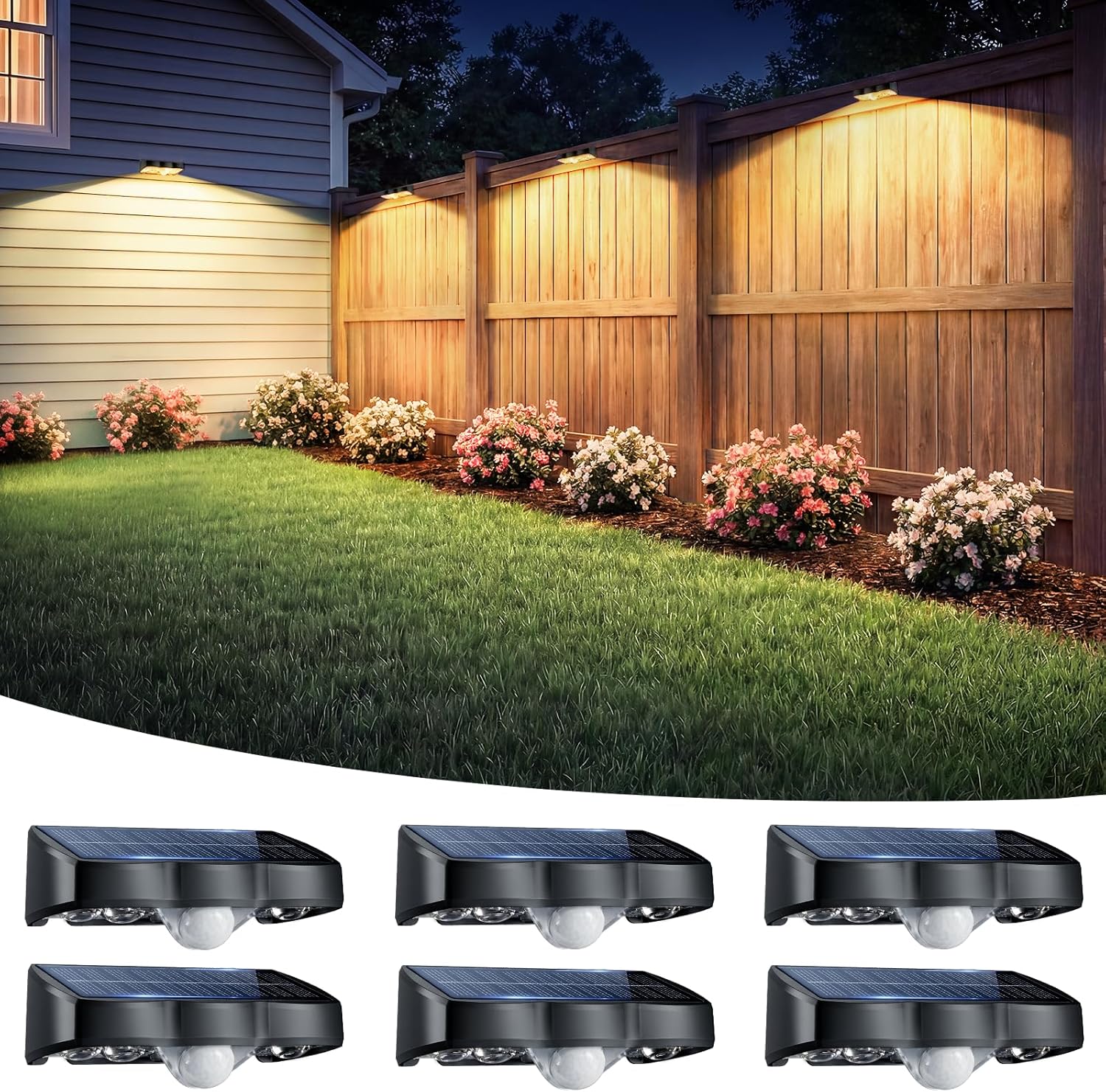(2 pcs) Solar Lights Outdoor Garden Warm White 3000K Solar Fence Lights with 3 Modes Motion Sensor IP65 Waterproof Dusk to Dawn Garden Lights for Wall Patio Deck Backya