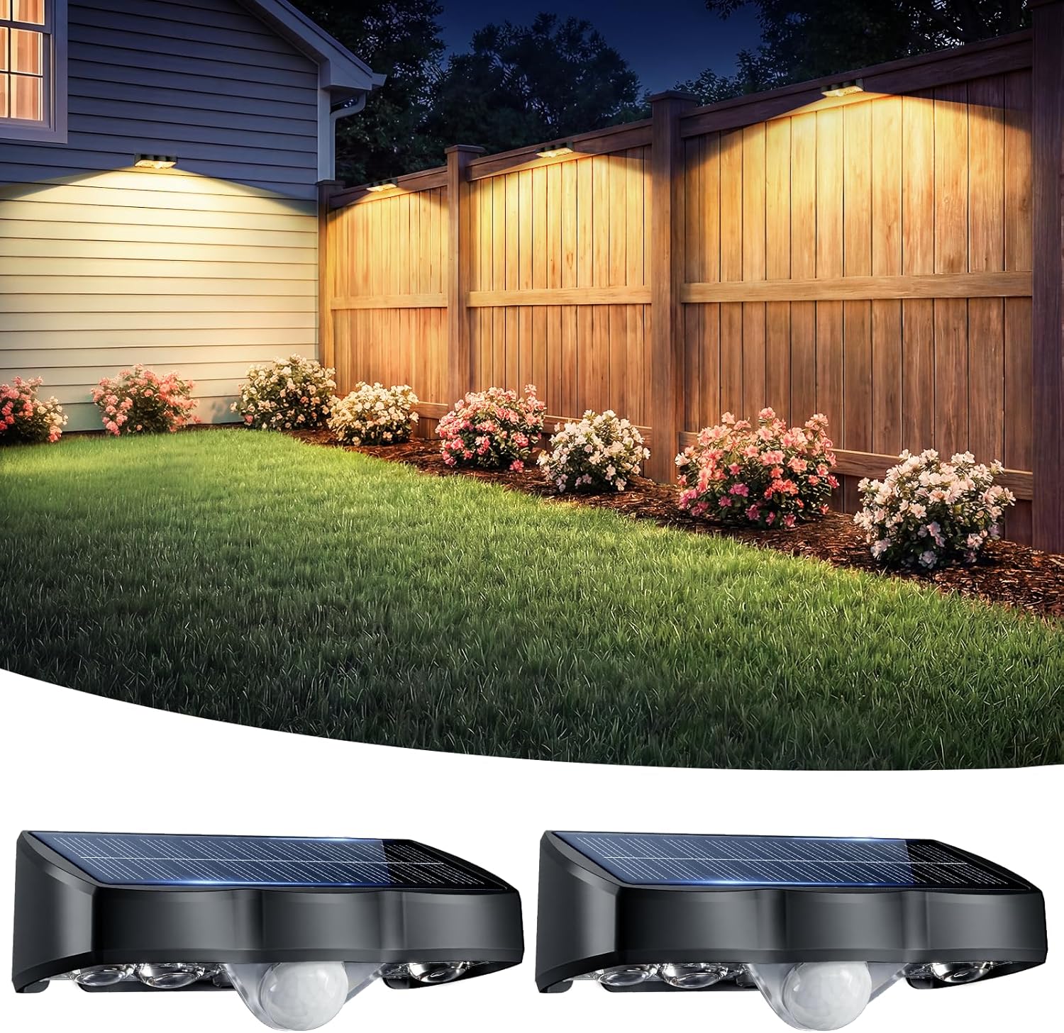 Solar Lights Outdoor Garden Warm White 3000K Solar Fence Lights with 3 Modes Motion Sensor IP65 Waterproof Dusk to Dawn Garden Lights for Wall Patio Deck Backya