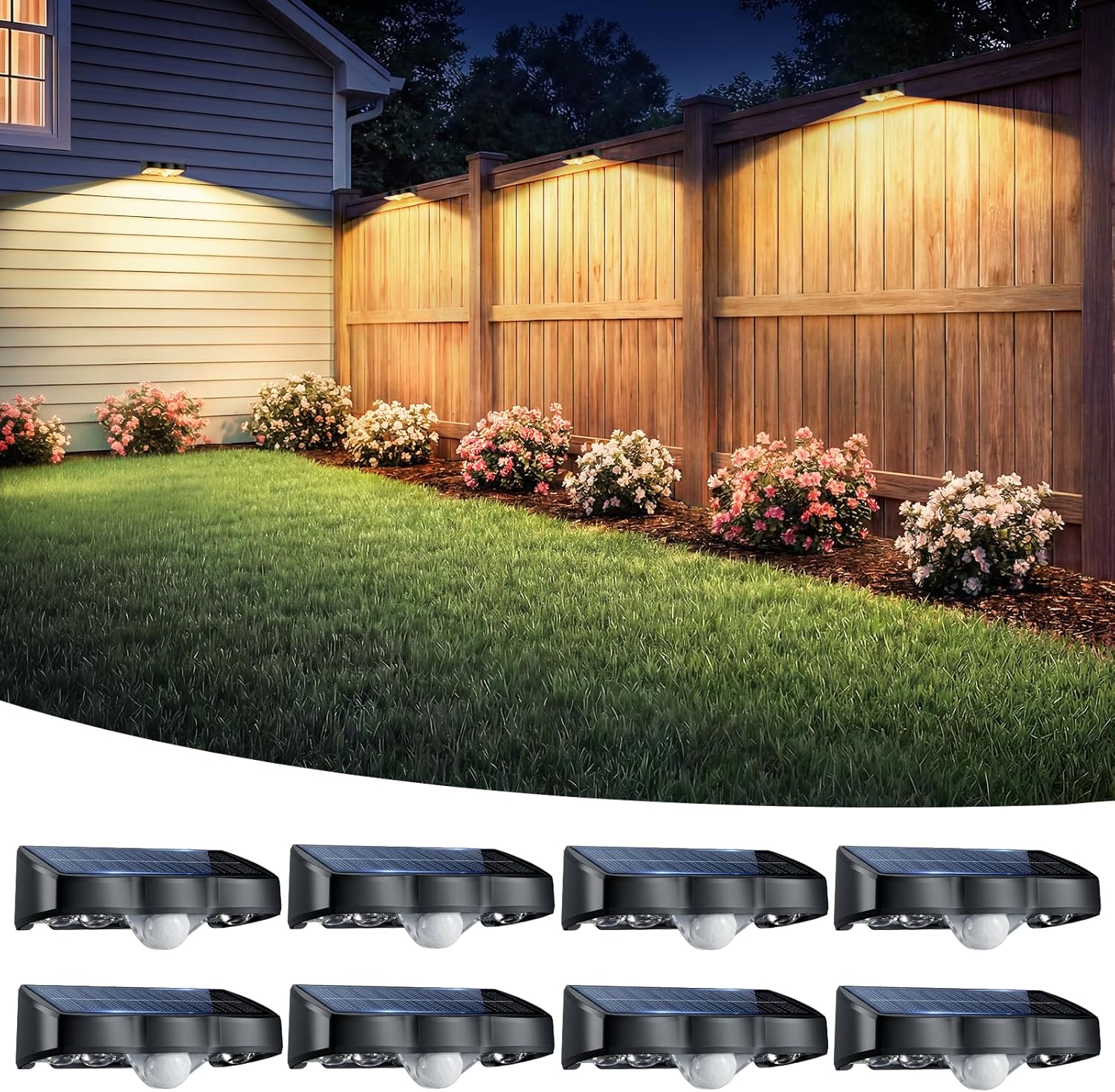 (2 pcs) Solar Lights Outdoor Garden Warm White 3000K Solar Fence Lights with 3 Modes Motion Sensor IP65 Waterproof Dusk to Dawn Garden Lights for Wall Patio Deck Backya