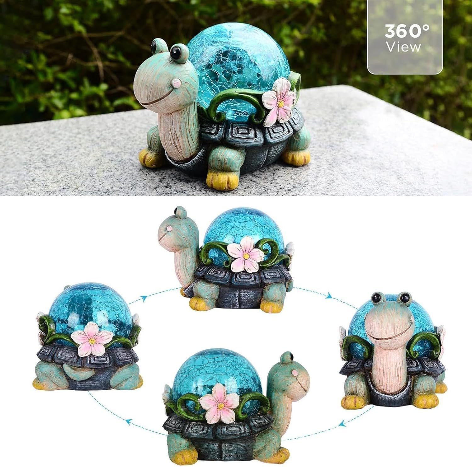 Turtle Solar Garden Ornaments Outdoor Waterproof Resin Statue with Solar LED Warm Lights Auto On Off Solar Powered Garden Decor for Patio Yard Lawn Balcony 