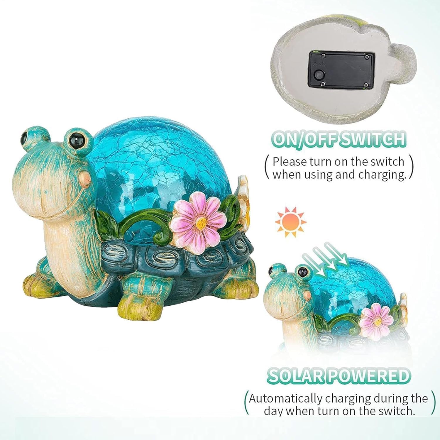 Turtle Solar Garden Ornaments Outdoor Waterproof Resin Statue with Solar LED Warm Lights Auto On Off Solar Powered Garden Decor for Patio Yard Lawn Balcony 