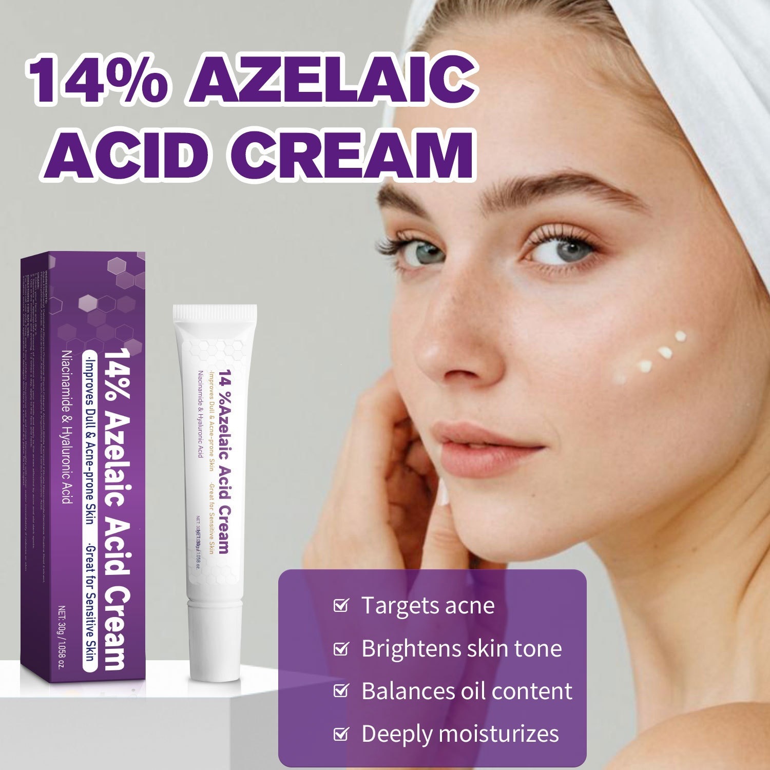 14% Azelaic Acid Cream Skin Care Treatment for Blemishes and Redness Home Use Natural 30g