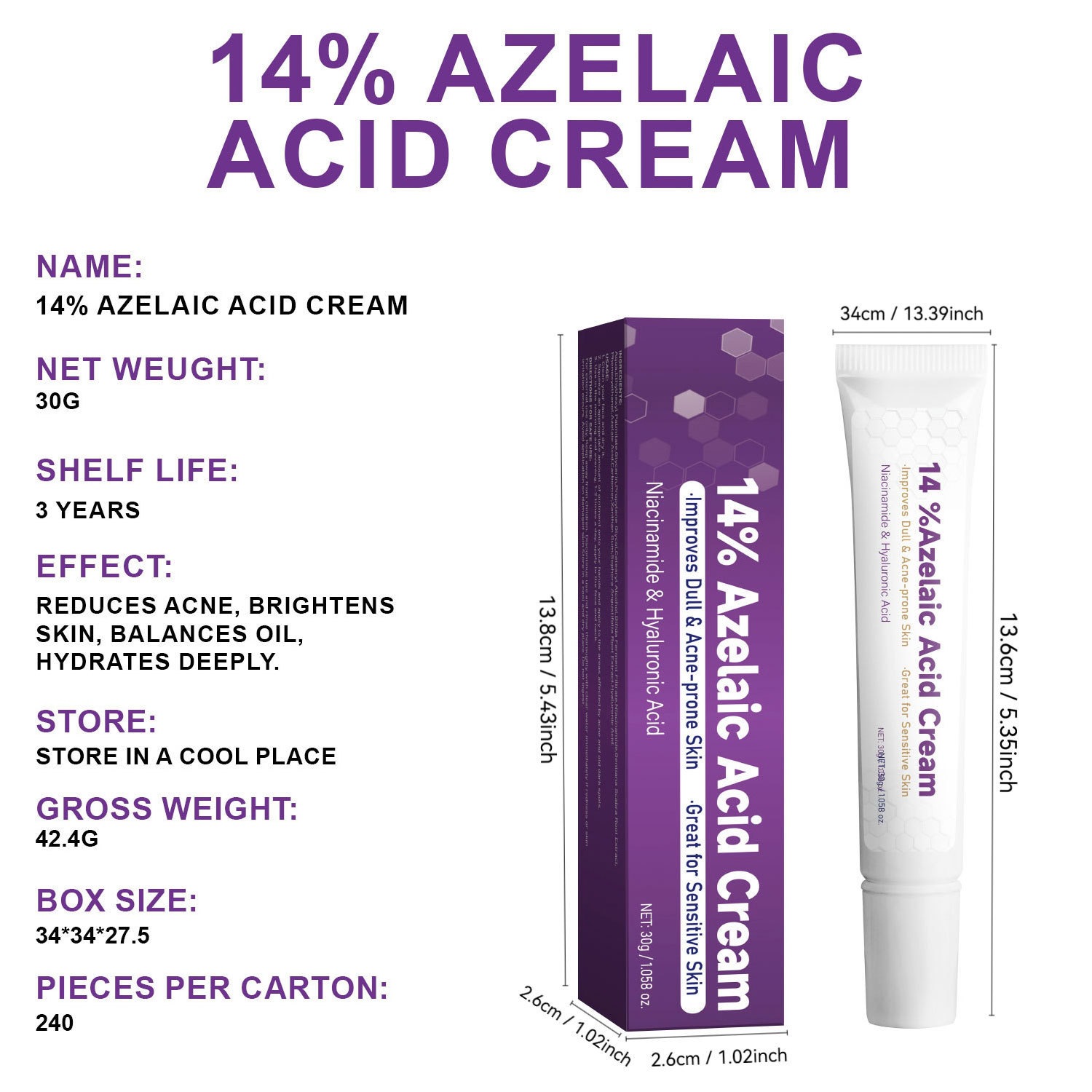 14% Azelaic Acid Cream Skin Care Treatment for Blemishes and Redness Home Use Natural 30g