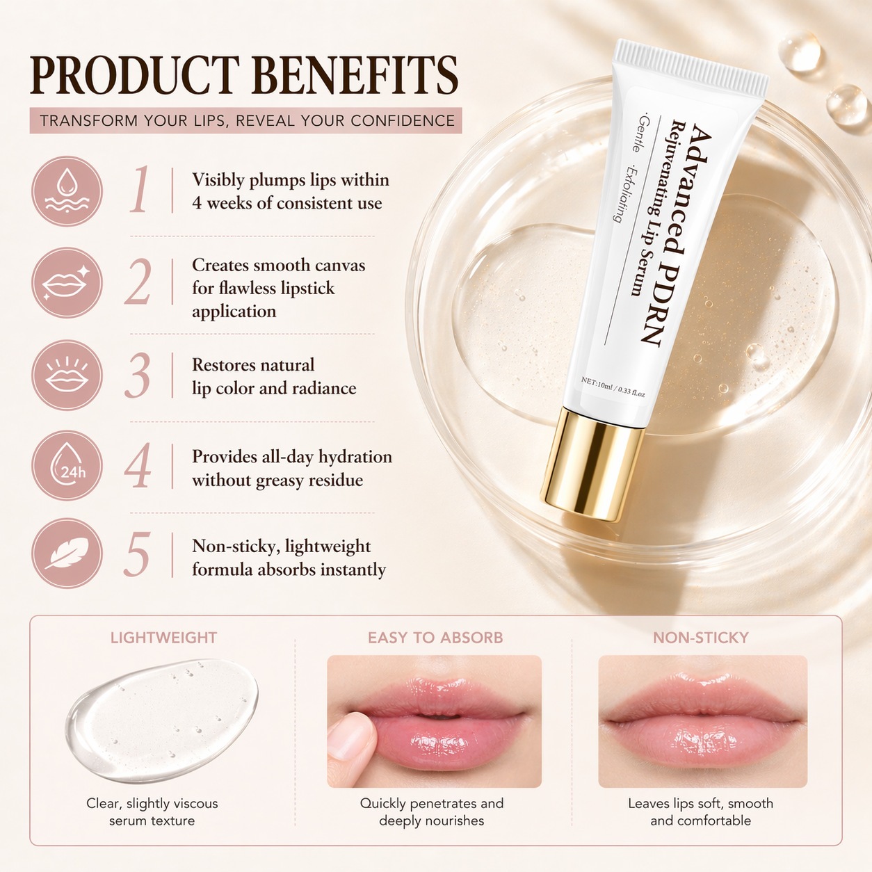 Revitalising Lip Serum Moisturising Lip Care for Smooth Hydrated Lips Daily Home Use Clear 10ml