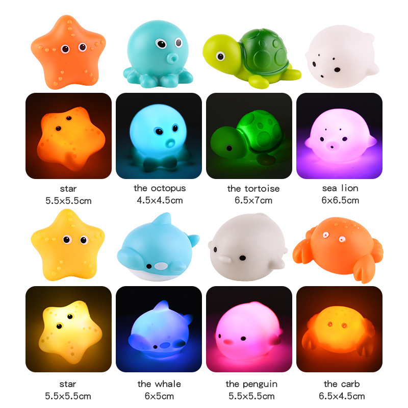 (Fishing Net) Baby Cute Animals Bath Toy Swimming Water LED Light Up Toys Soft Rubber Float Induction Luminous Frogs for Kids Play Funny Gifts