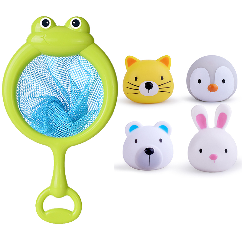 (Fishing Net) Baby Cute Animals Bath Toy Swimming Water LED Light Up Toys Soft Rubber Float Induction Luminous Frogs for Kids Play Funny Gifts
