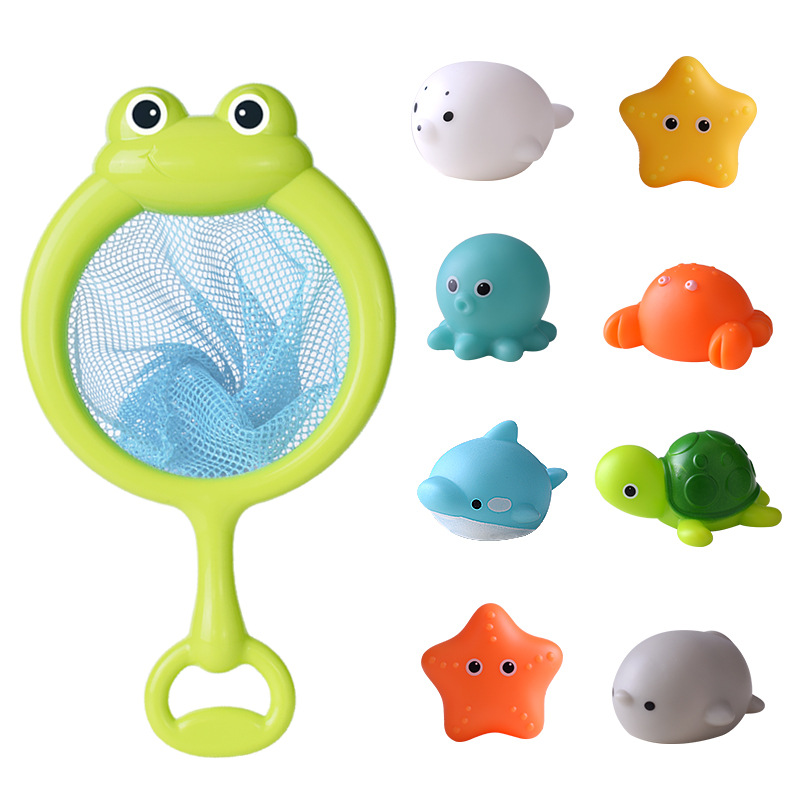 (Fishing Net) Baby Cute Animals Bath Toy Swimming Water LED Light Up Toys Soft Rubber Float Induction Luminous Frogs for Kids Play Funny Gifts