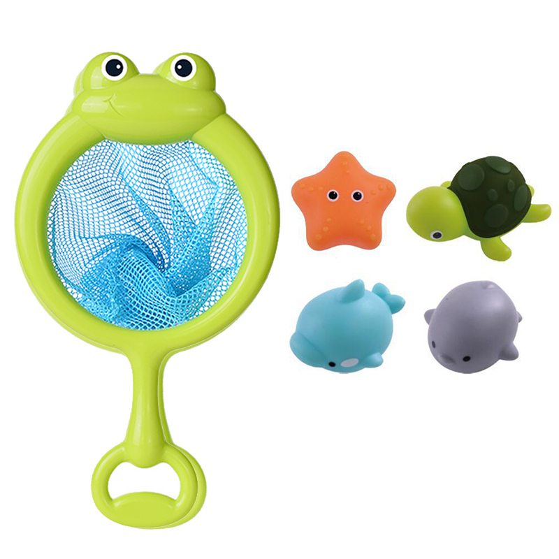 (Fishing Net) Baby Cute Animals Bath Toy Swimming Water LED Light Up Toys Soft Rubber Float Induction Luminous Frogs for Kids Play Funny Gifts