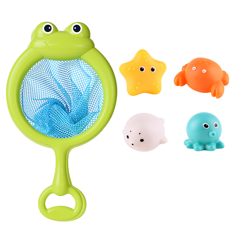 (Fishing Net) Baby Cute Animals Bath Toy Swimming Water LED Light Up Toys Soft Rubber Float Induction Luminous Frogs for Kids Play Funny Gifts