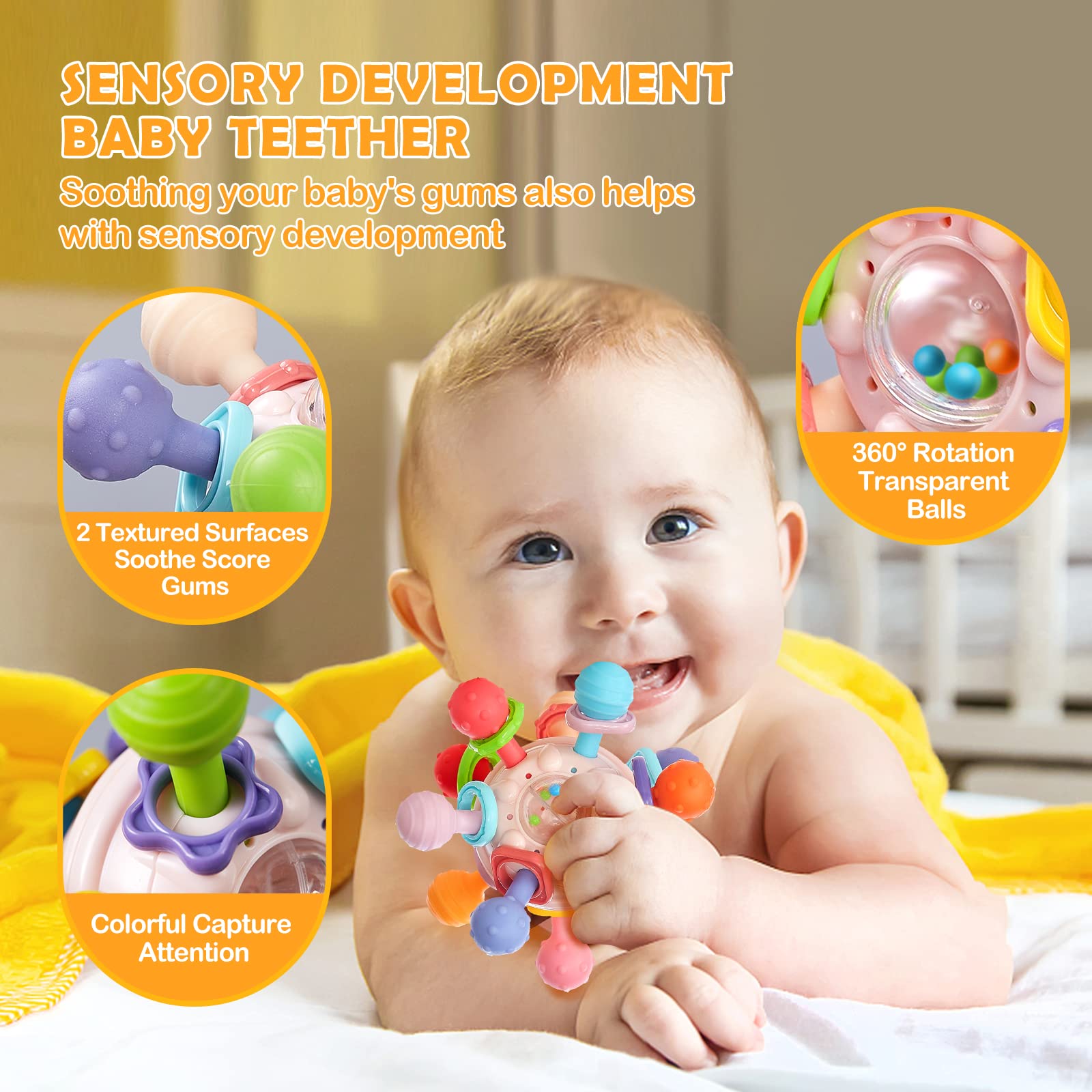 (PK) Montessori Baby Teething Toys Sensory Chew Teething Ball Rattle Grasping Activities Babies Toys for 0-18 Months Girls Boys Gifts