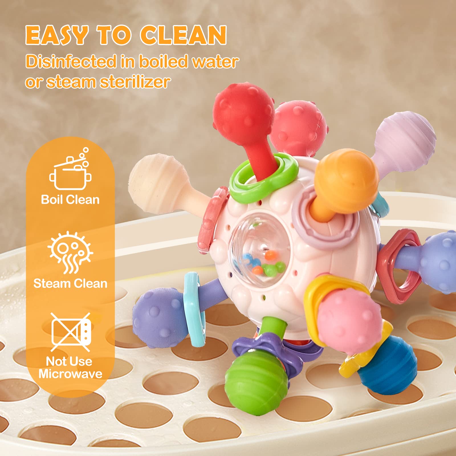 (PK) Montessori Baby Teething Toys Sensory Chew Teething Ball Rattle Grasping Activities Babies Toys for 0-18 Months Girls Boys Gifts